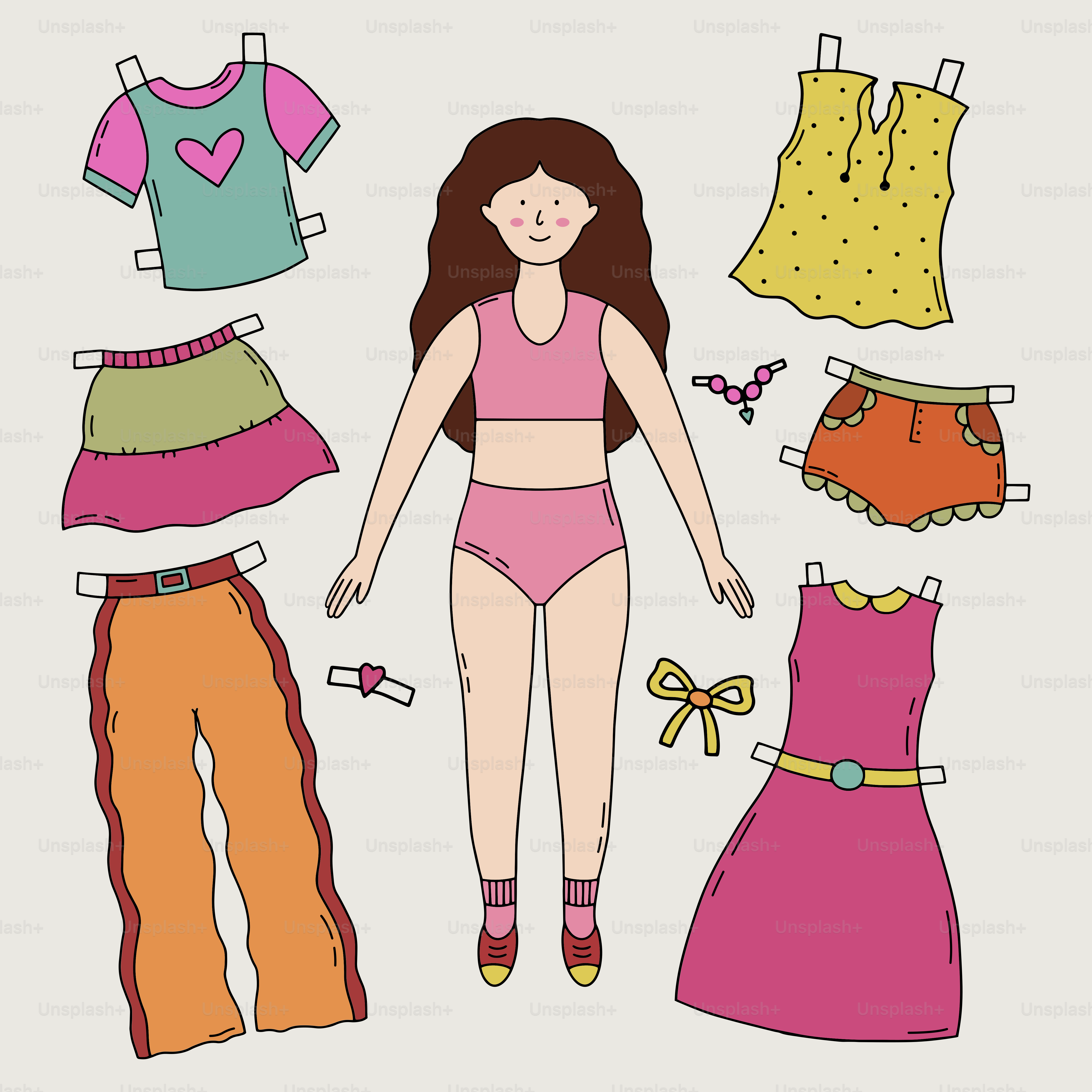 A paper doll with a variety of clothes