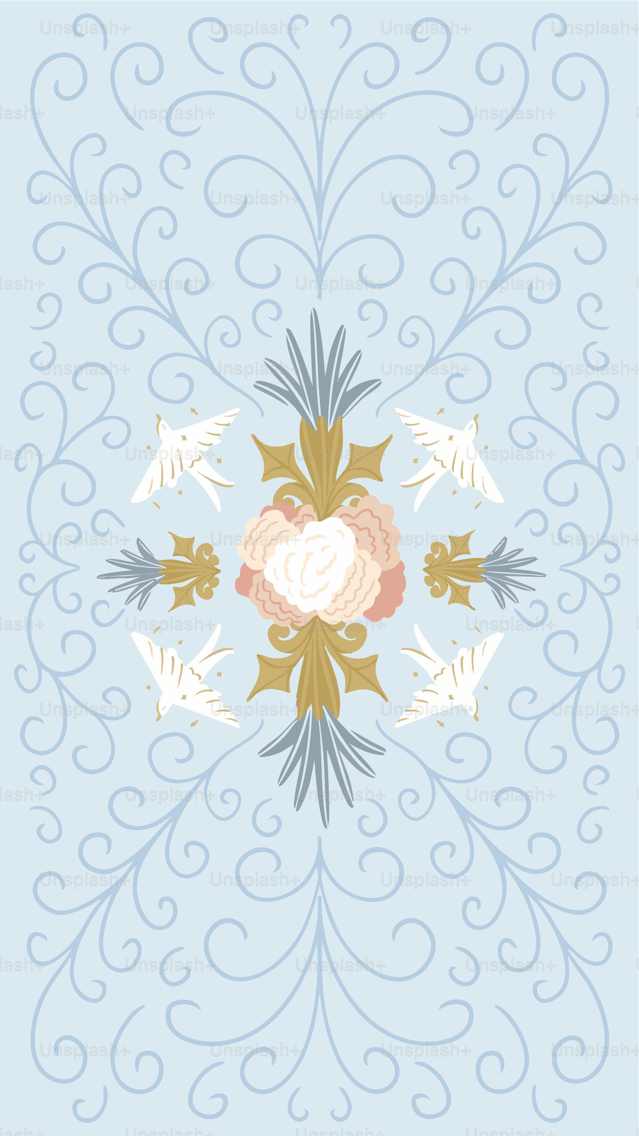 A blue and gold wallpaper with a floral design