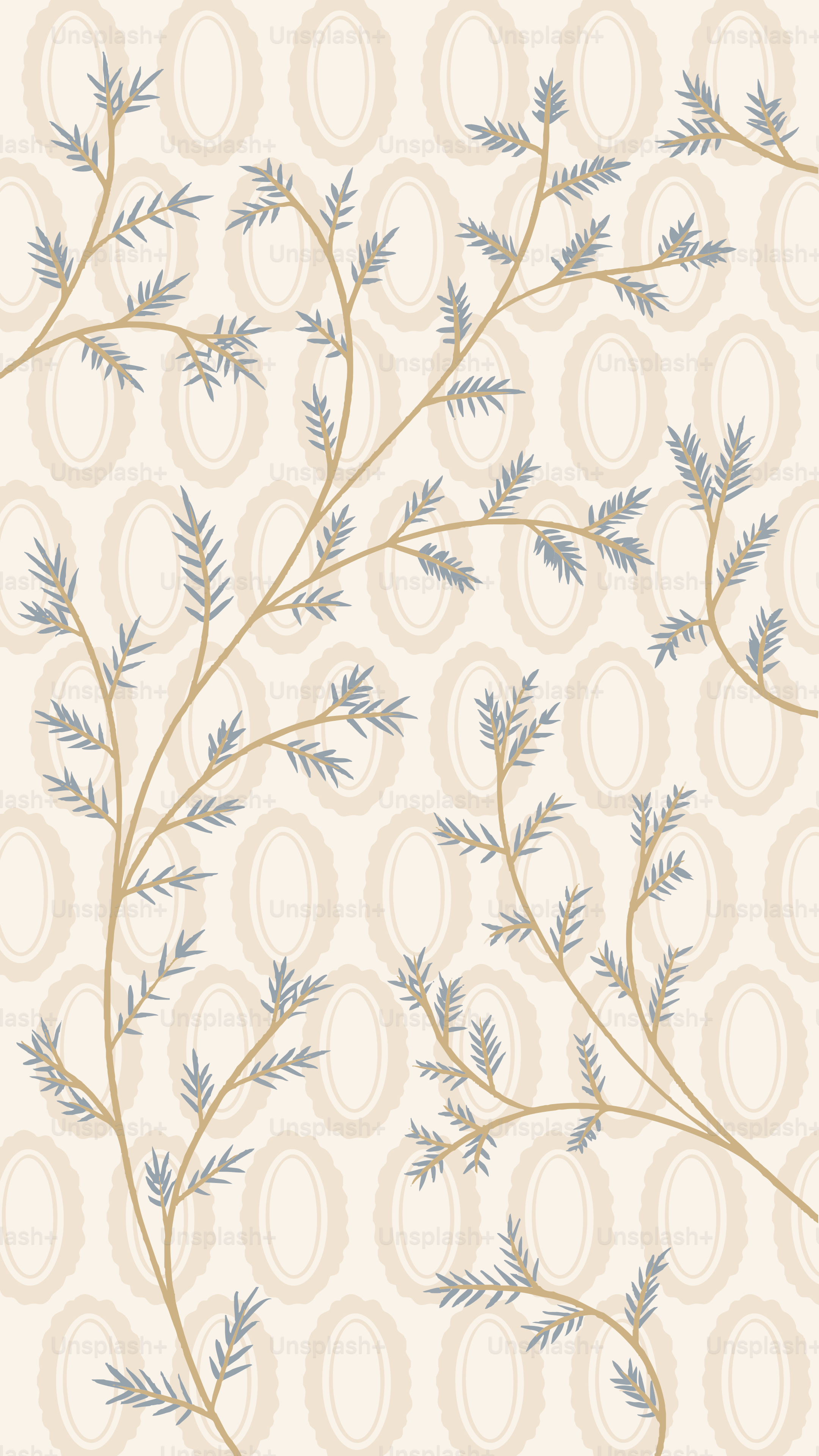 Una carta da parati beige e blu con foglie