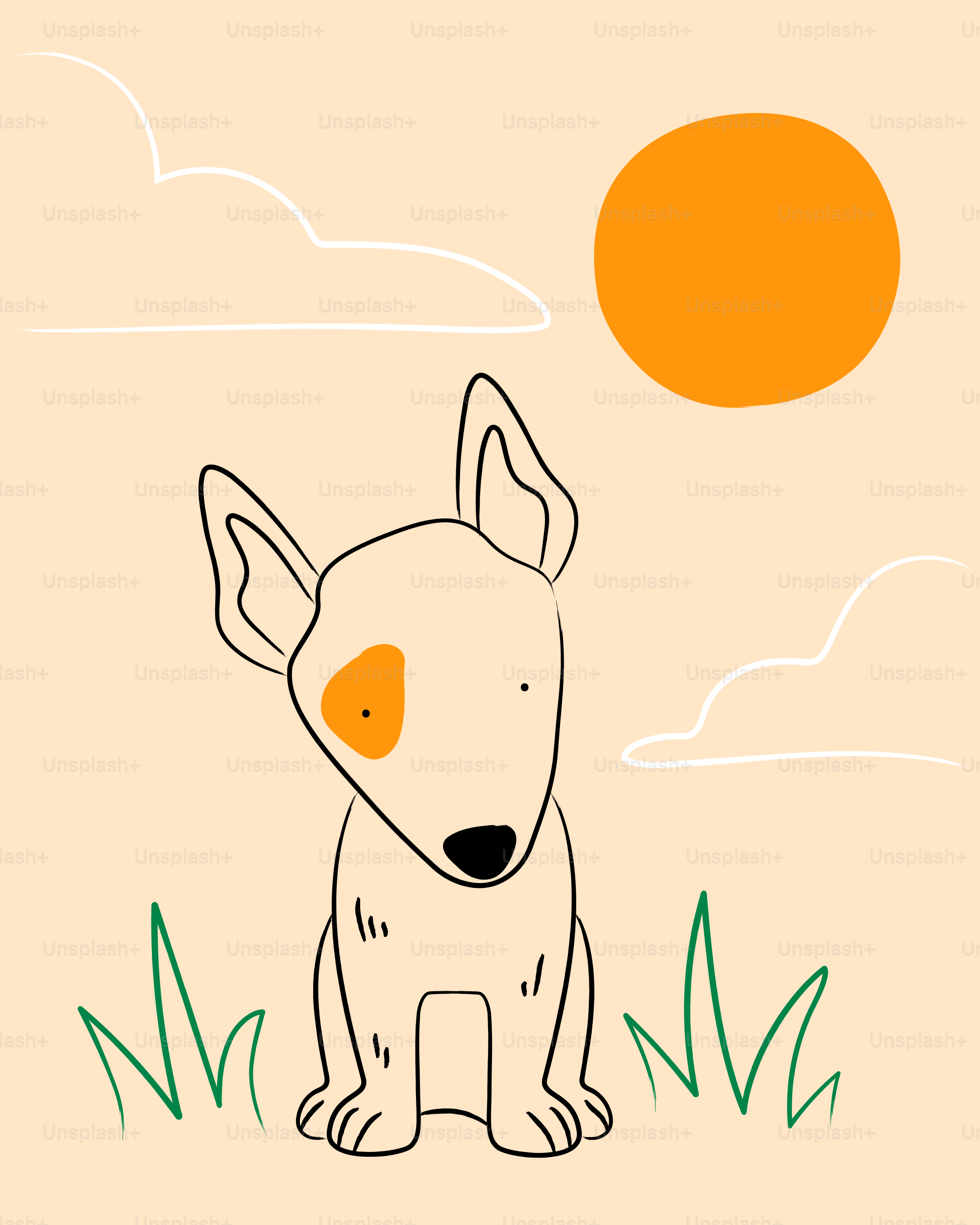 Eine Zeichnung eines Hundes, der im Gras sitzt