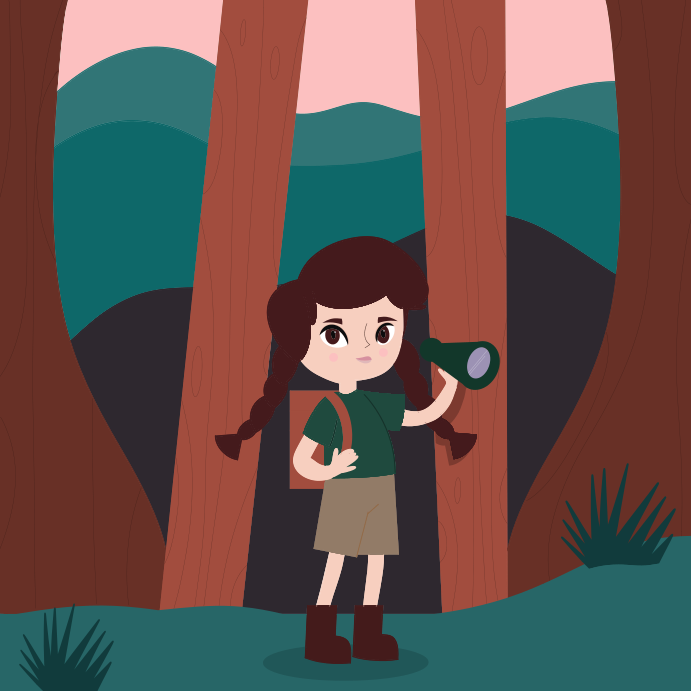 A woman standing in a forest holding a magnifying glass