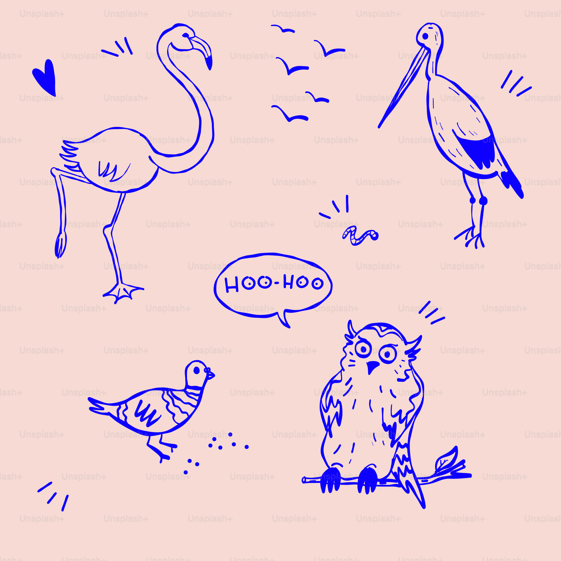 A drawing of a bird, a bird, and a bird with a speech bubble