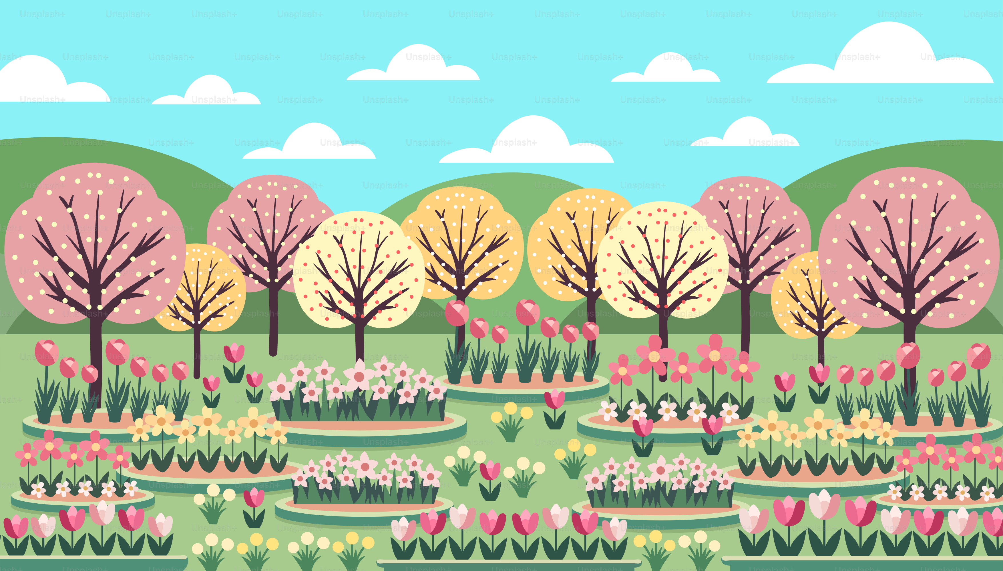 A painting of a garden with flowers and trees