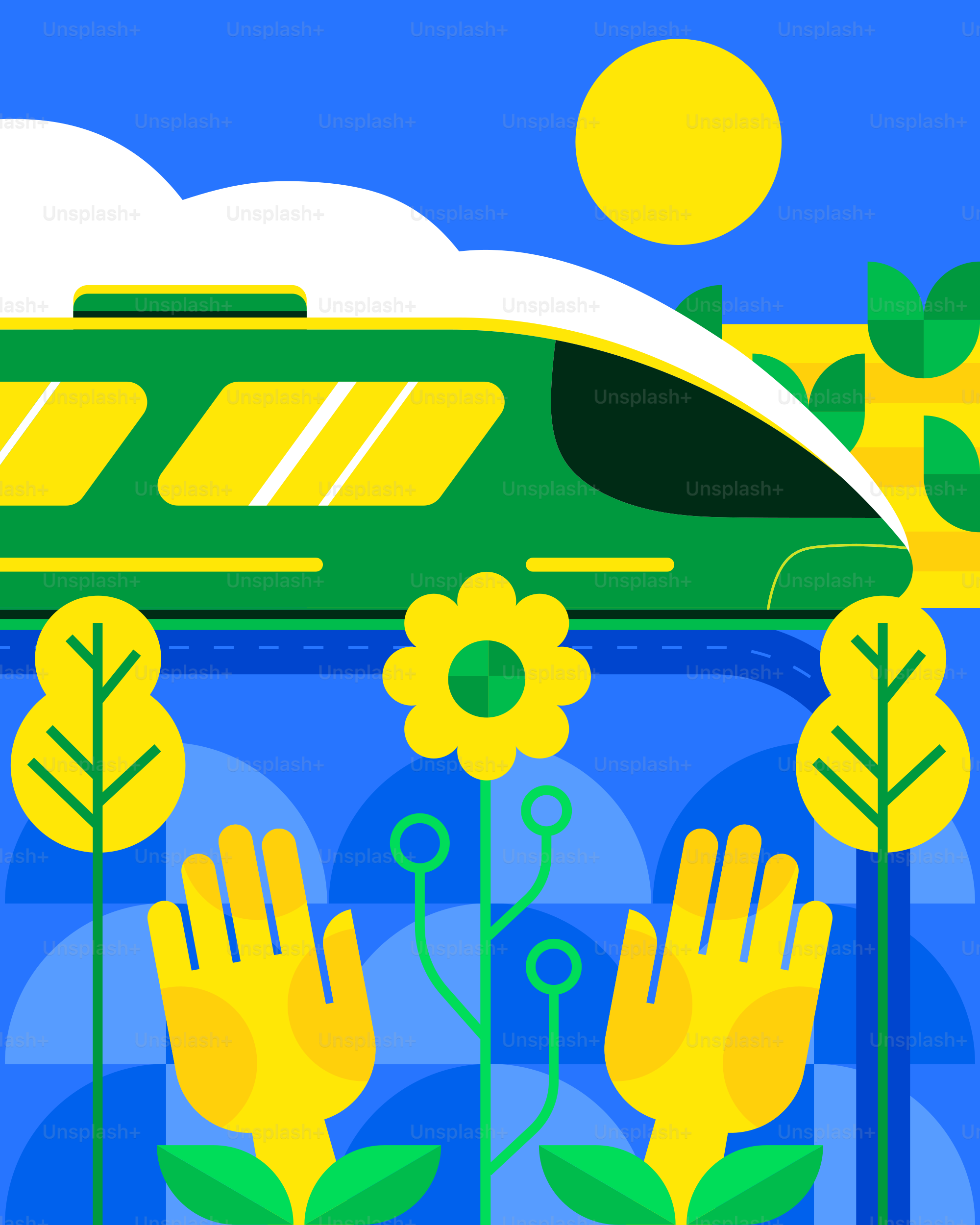 A green bus with yellow flowers and green leaves