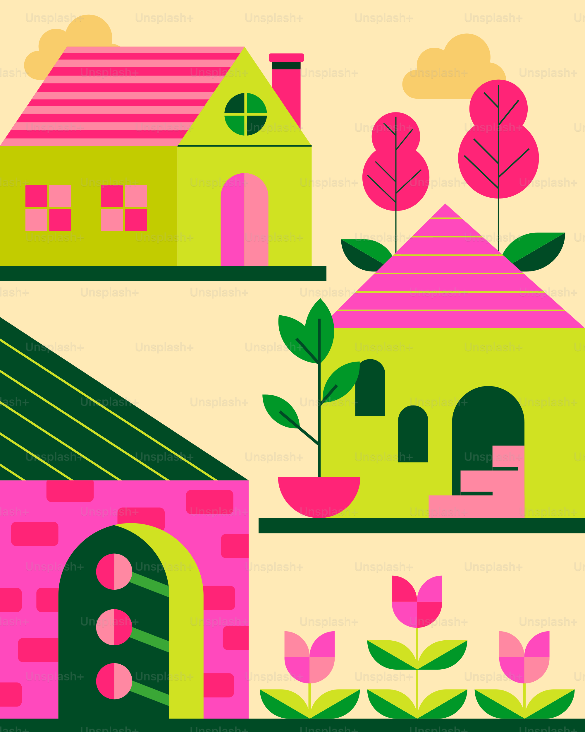 Uma casa rosa com telhado verde e uma casa rosa com telhado verde vetor ...