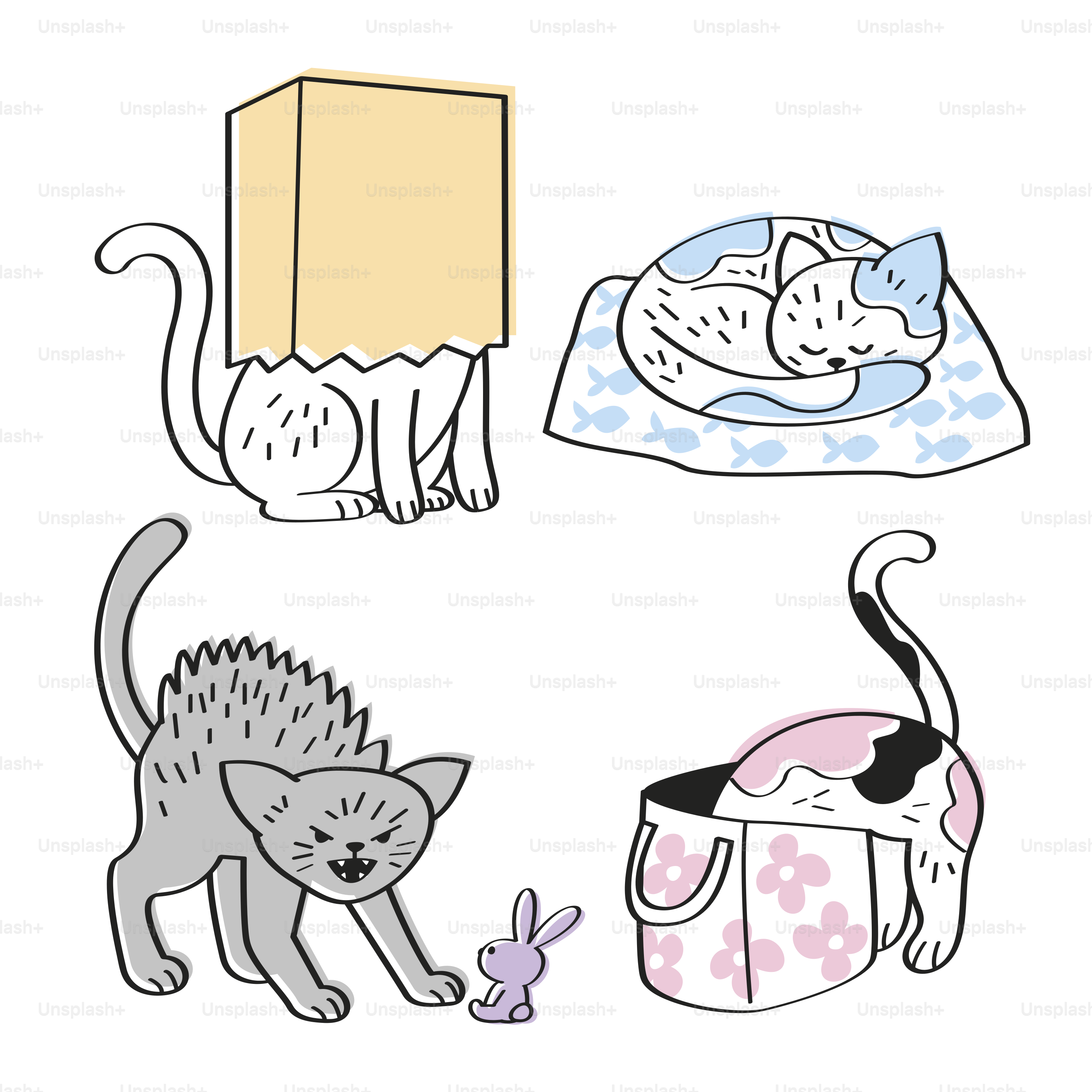 A drawing of a cat, a dog, and a cat bed