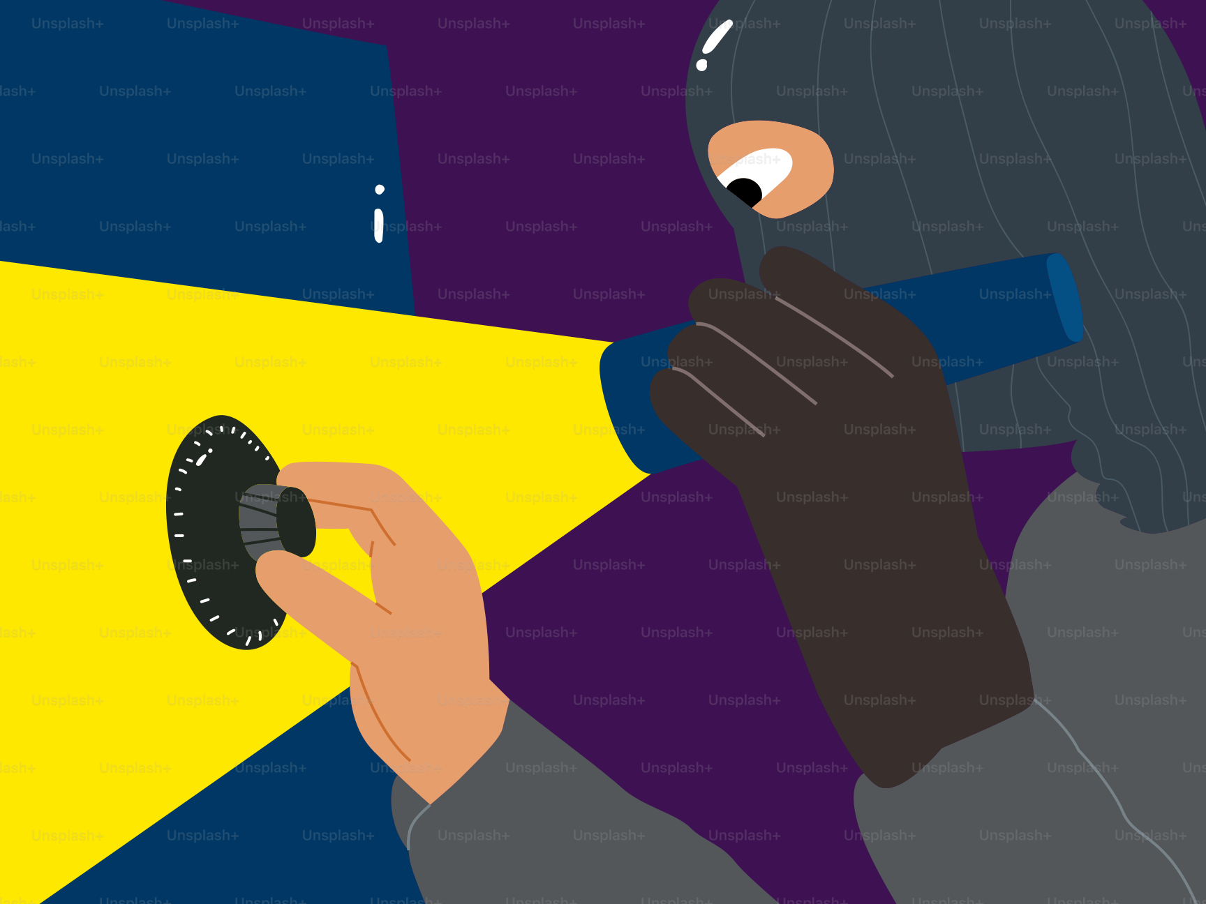 Uma pessoa com uma máscara preta segurando um objeto amarelo e azul