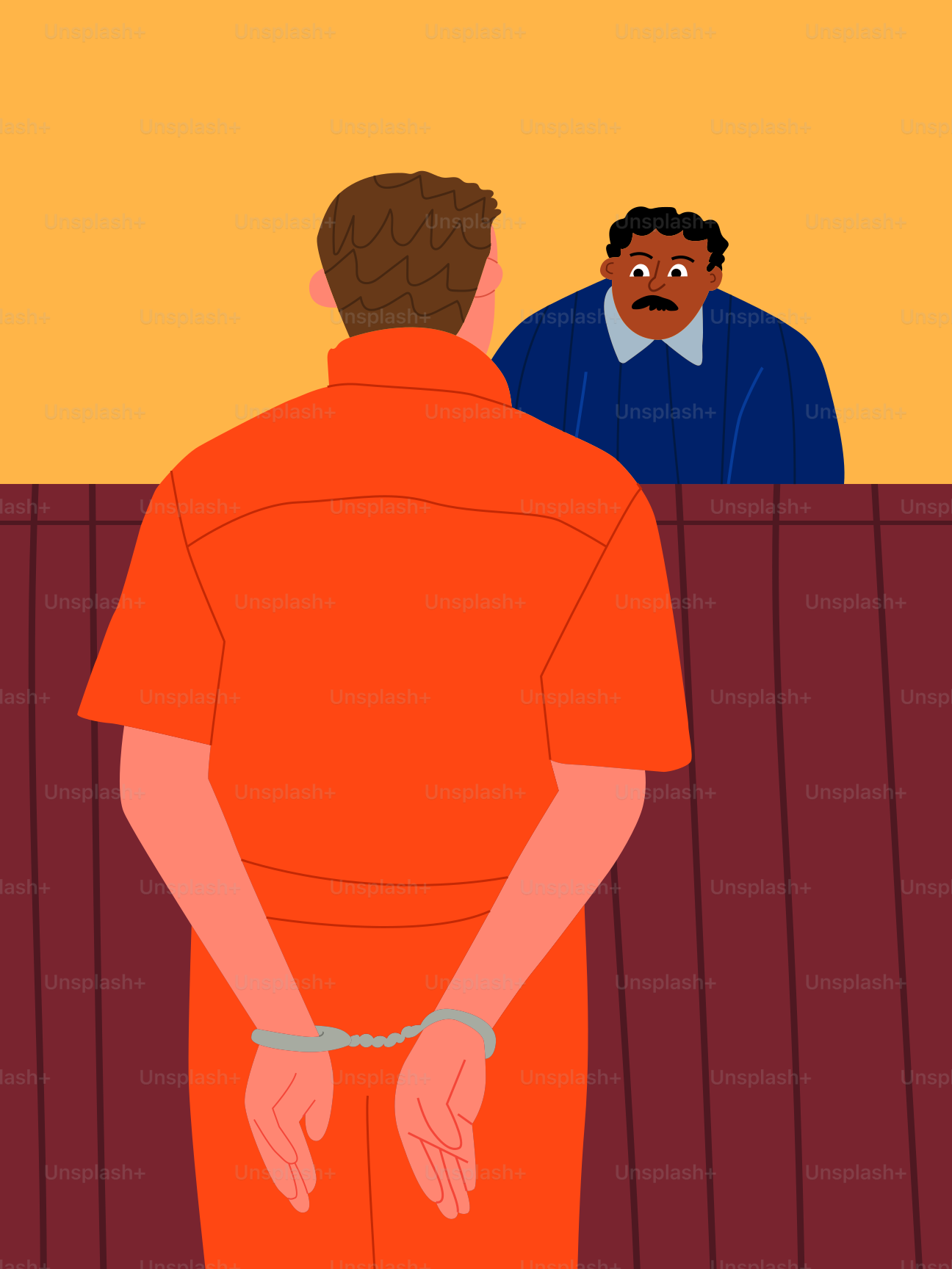 Un hombre con uniforme naranja de prisión de pie junto a otro hombre