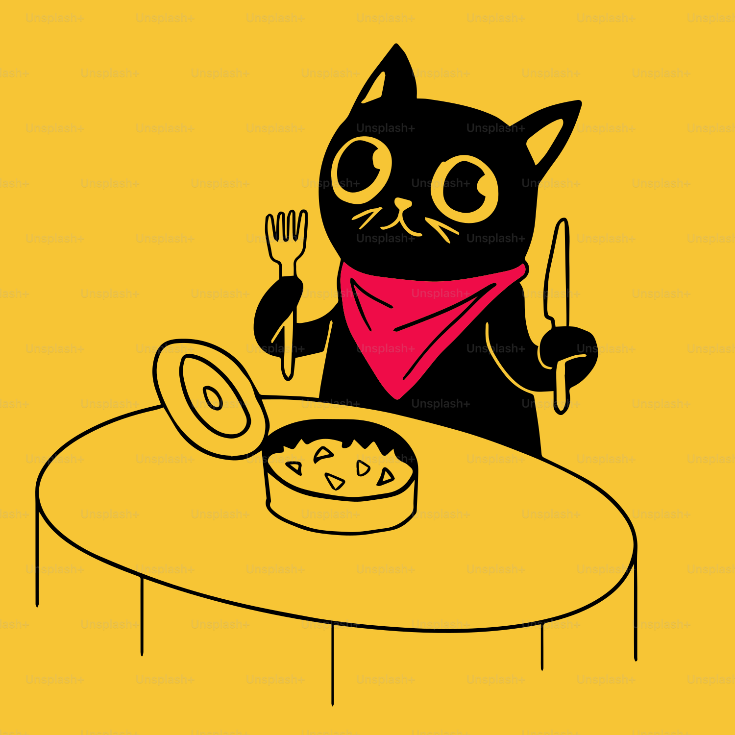 A black cat sitting at a table with a plate of food
