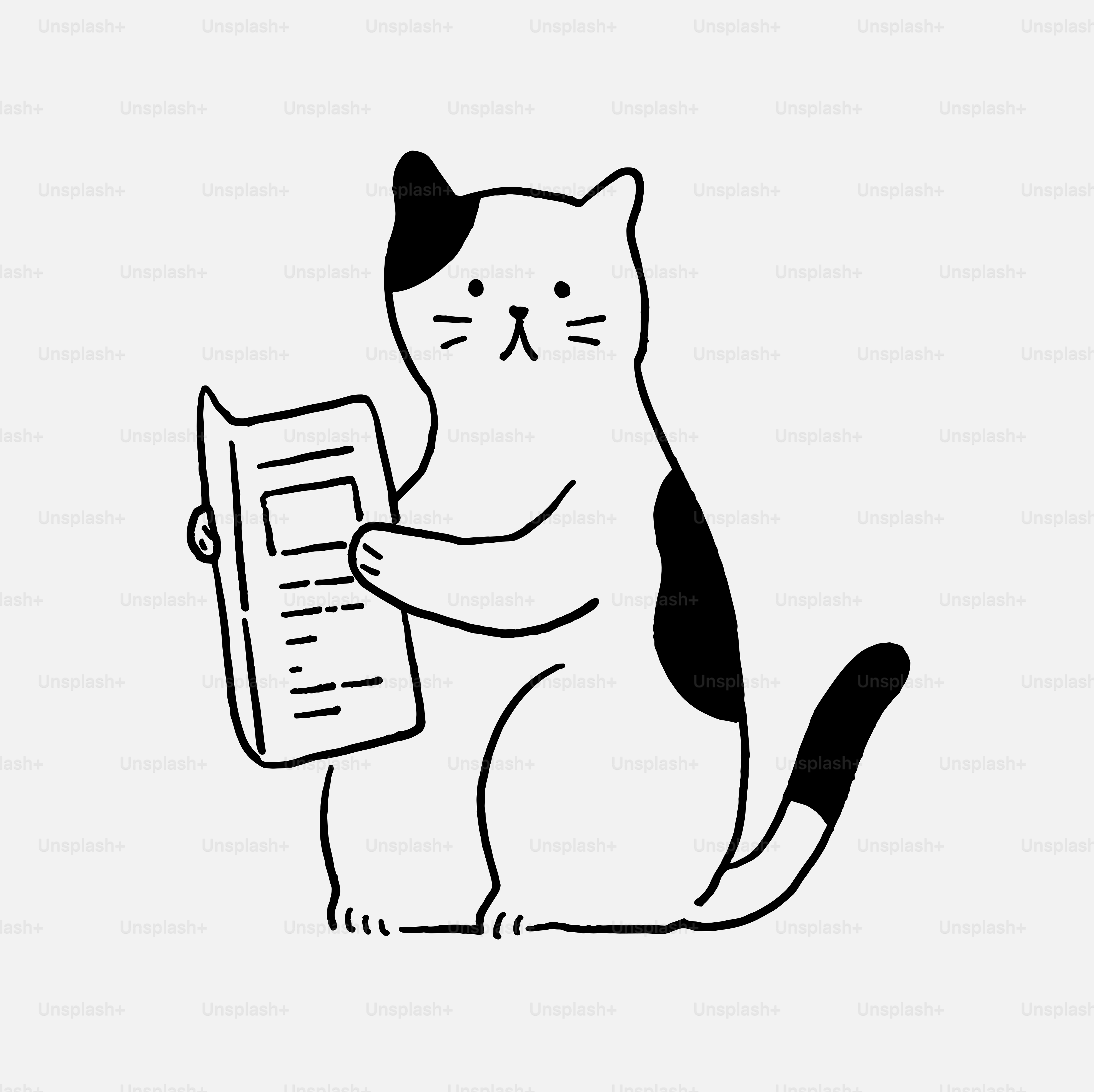 Un dessin en noir et blanc d’un chat tenant une feuille de papier