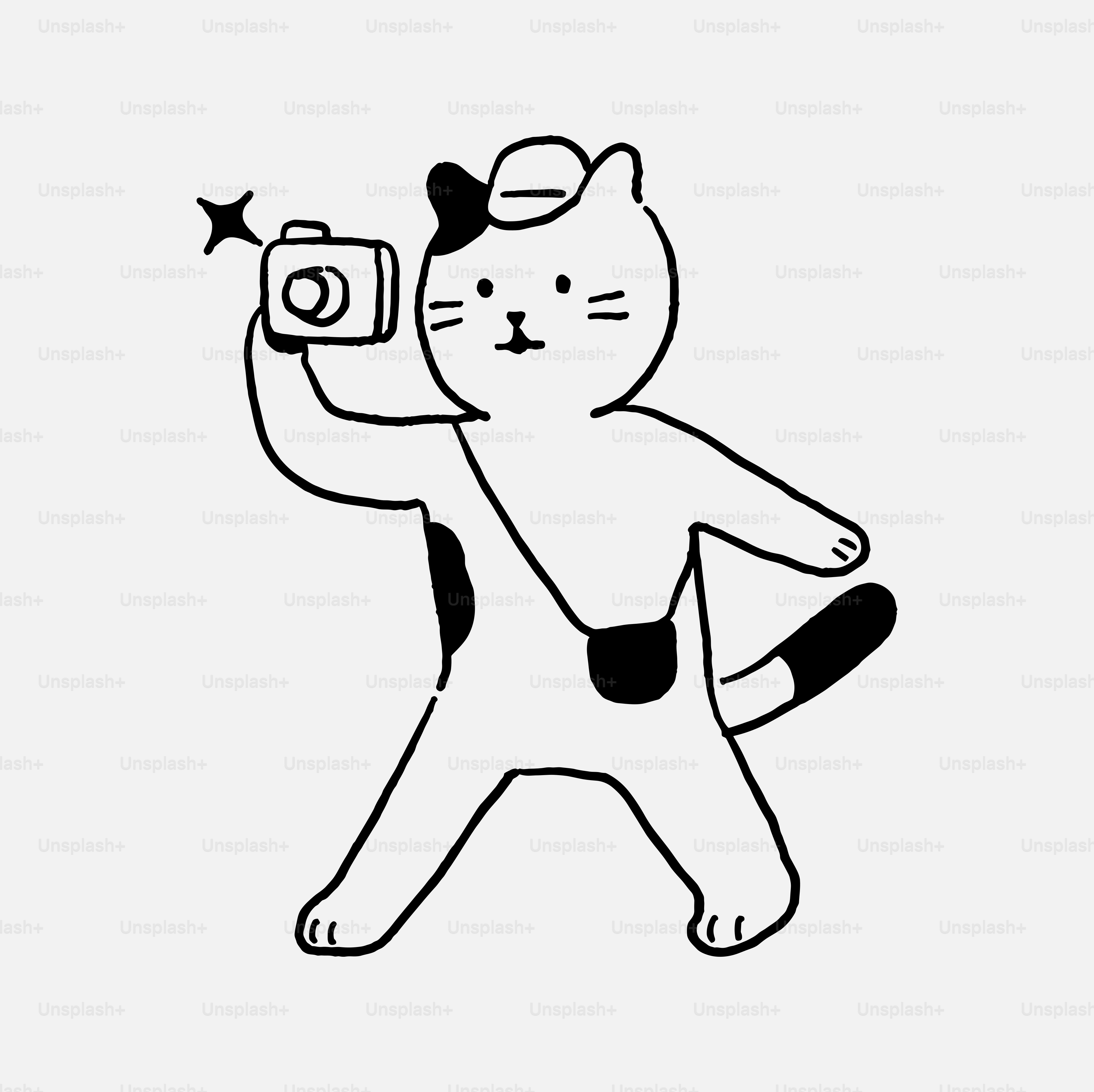 A drawing of a cat taking a picture with a camera