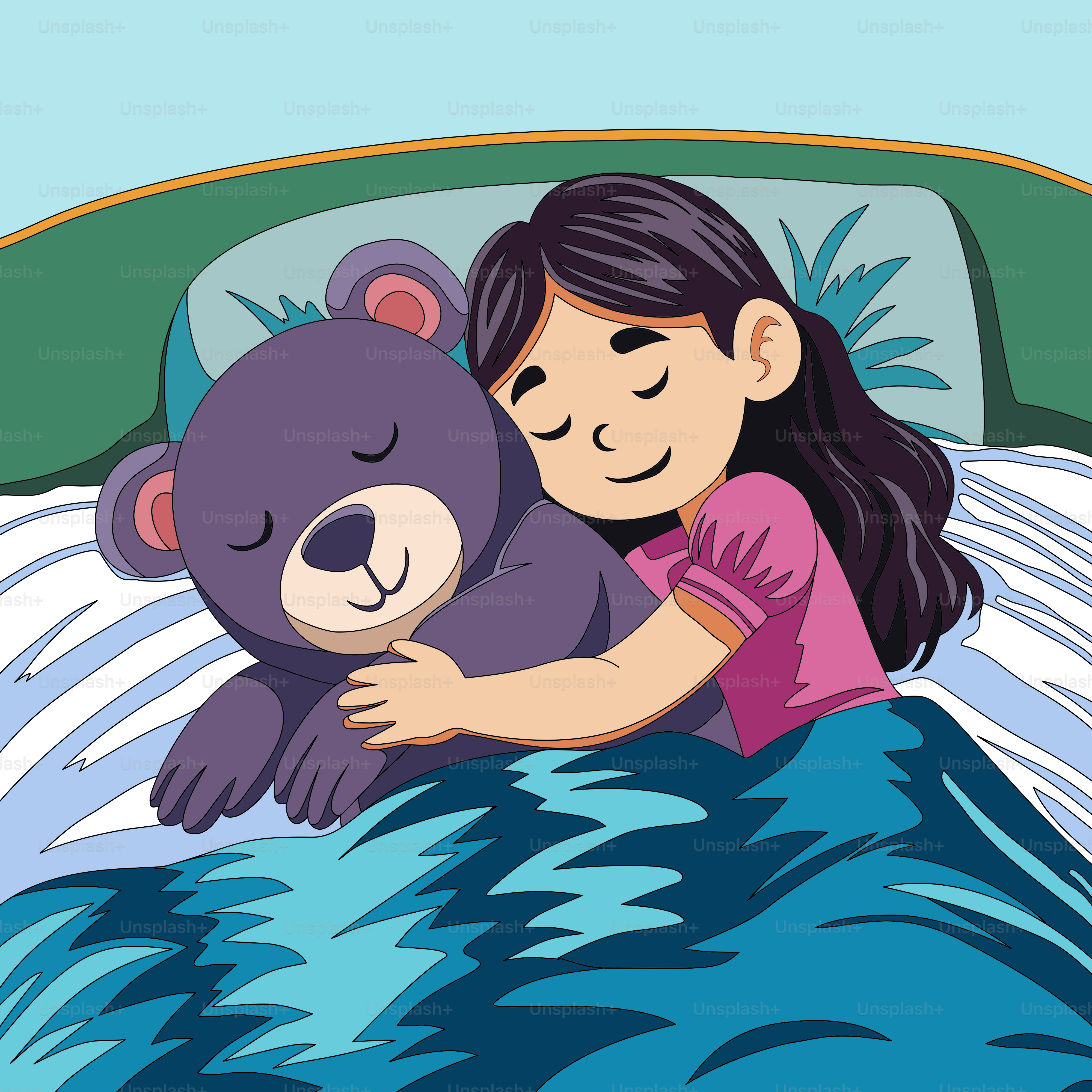 Uma garotinha abraçando um ursinho de pelúcia em uma cama