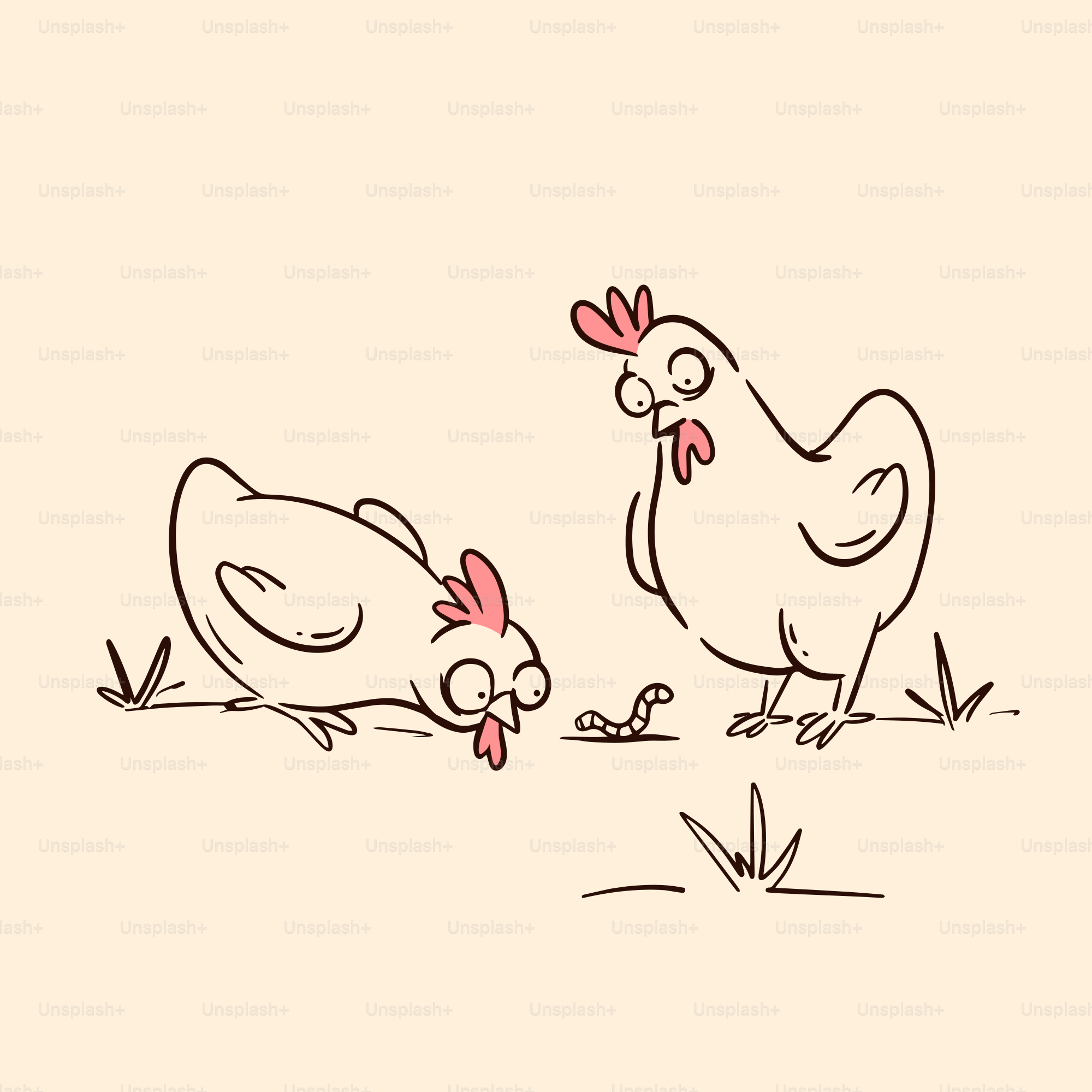 A drawing of two chickens standing next to each other