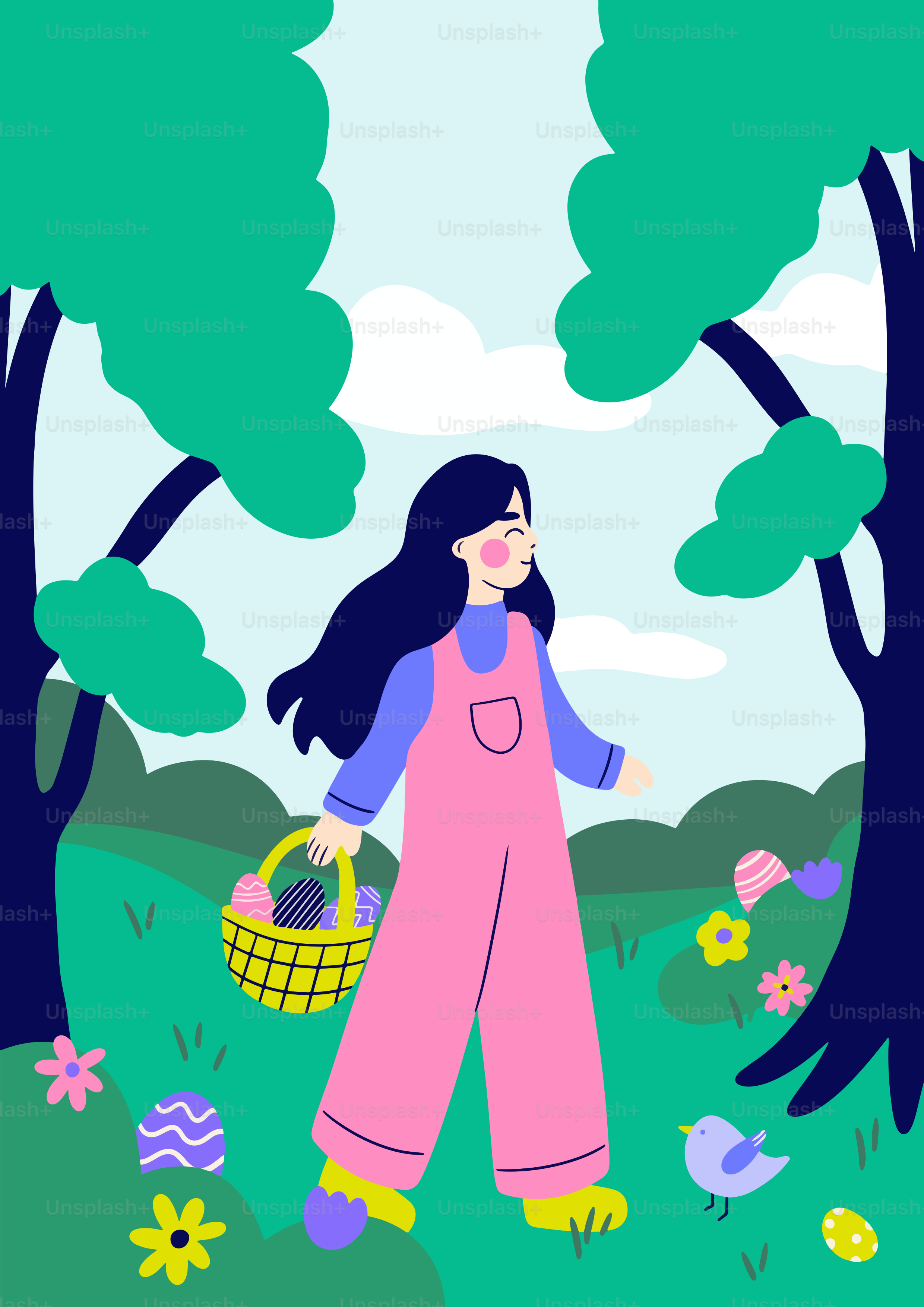 A woman walking through a forest carrying a basket