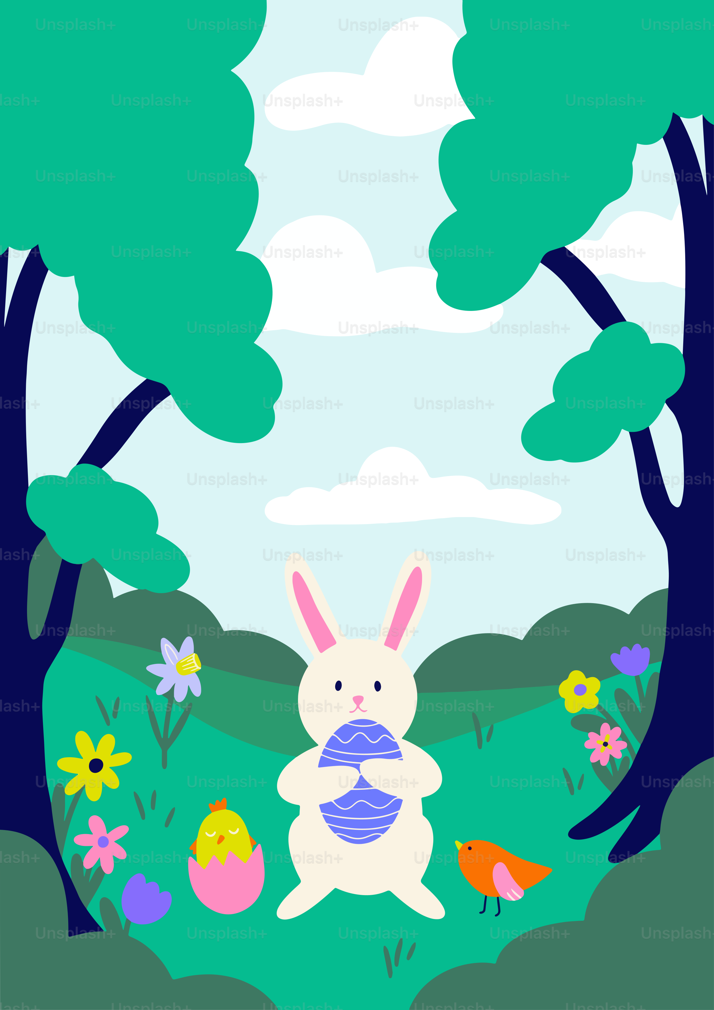 A bunny with an egg in the woods