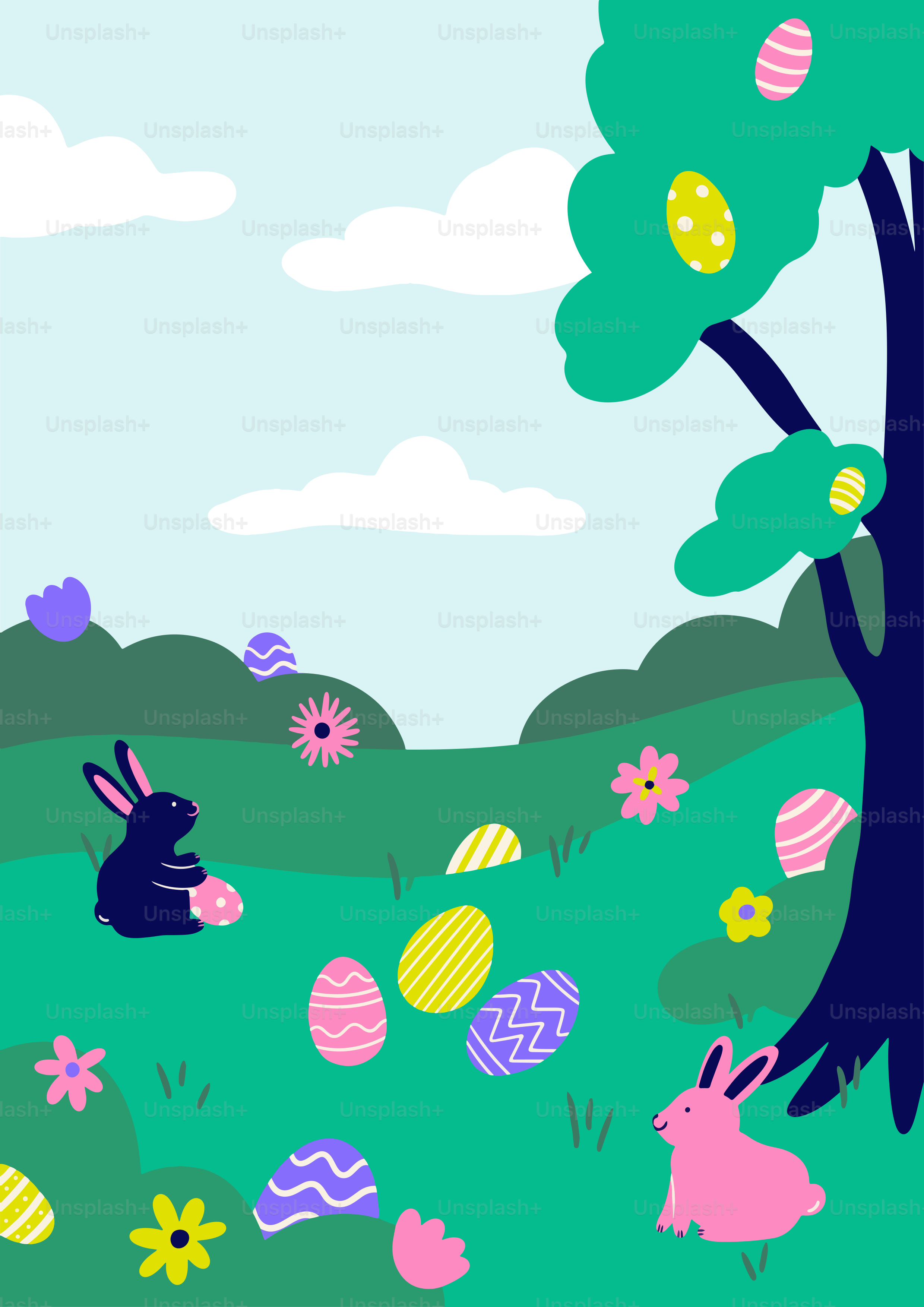 An easter scene with bunnies and trees