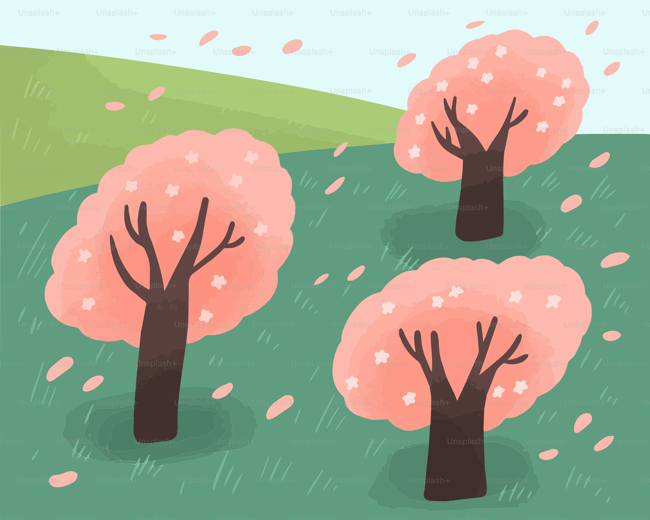 Three trees with pink flowers on a green hill