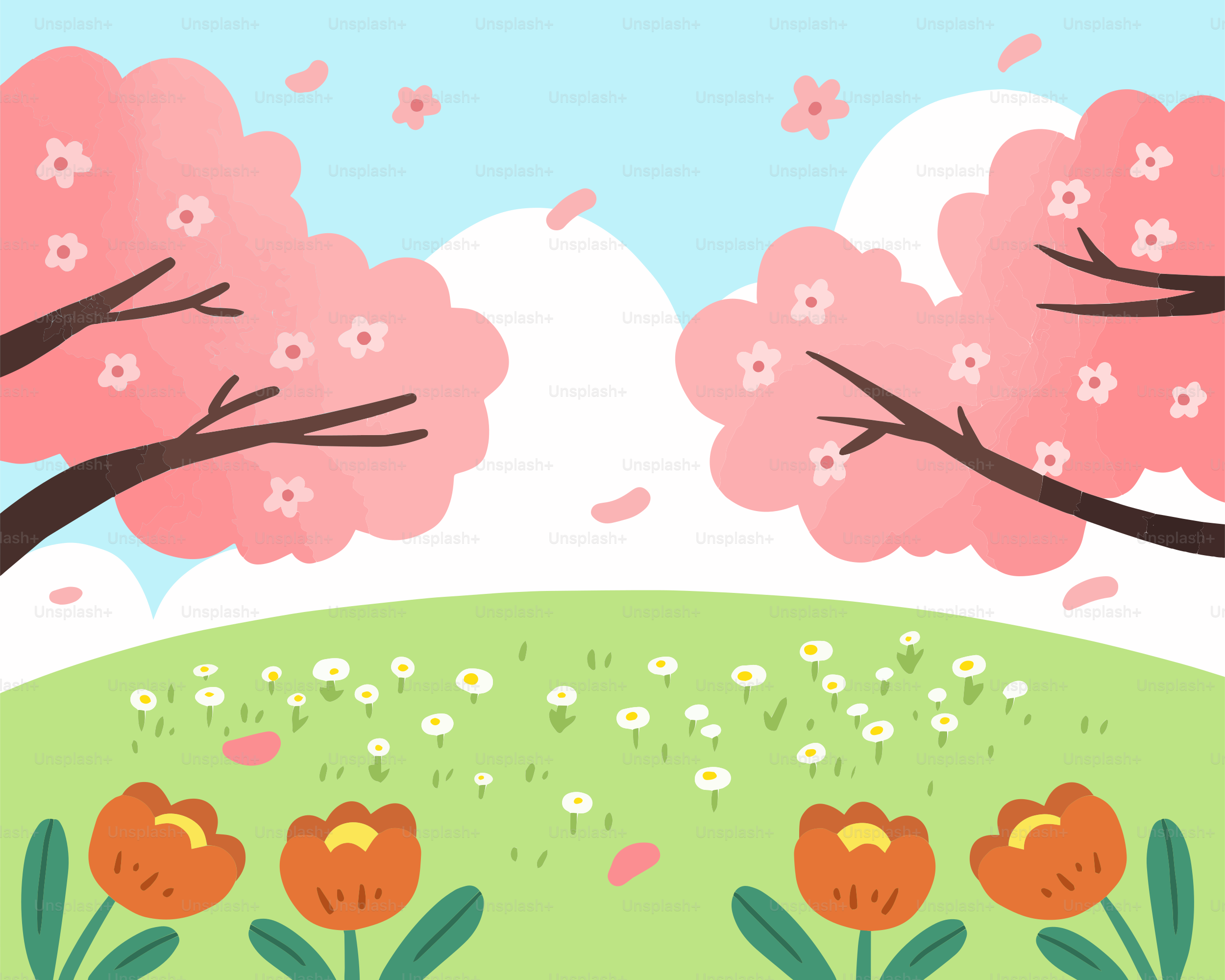 A field with flowers and trees in the background