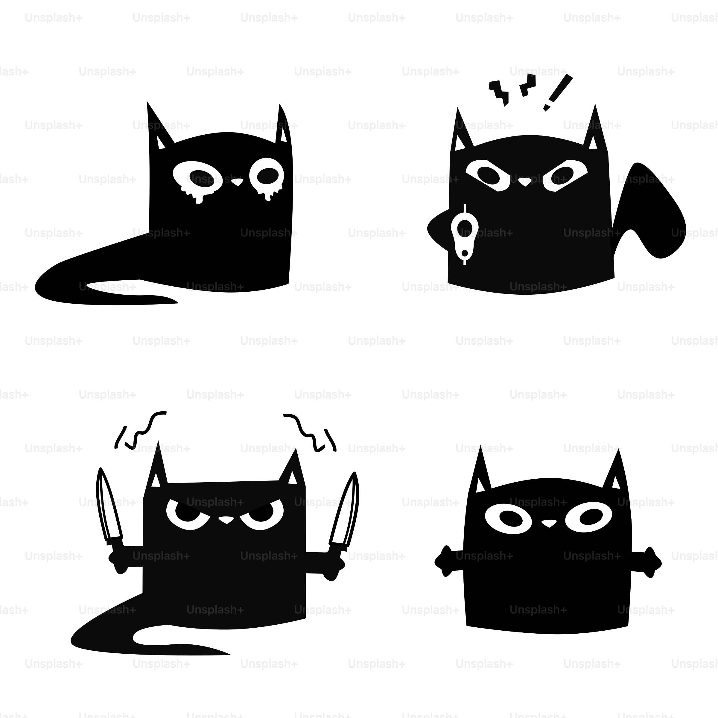 Un ensemble de quatre images en noir et blanc de chats