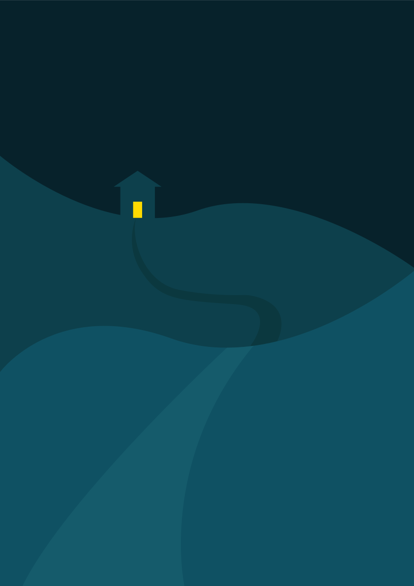 A house on a hill at night with a yellow light