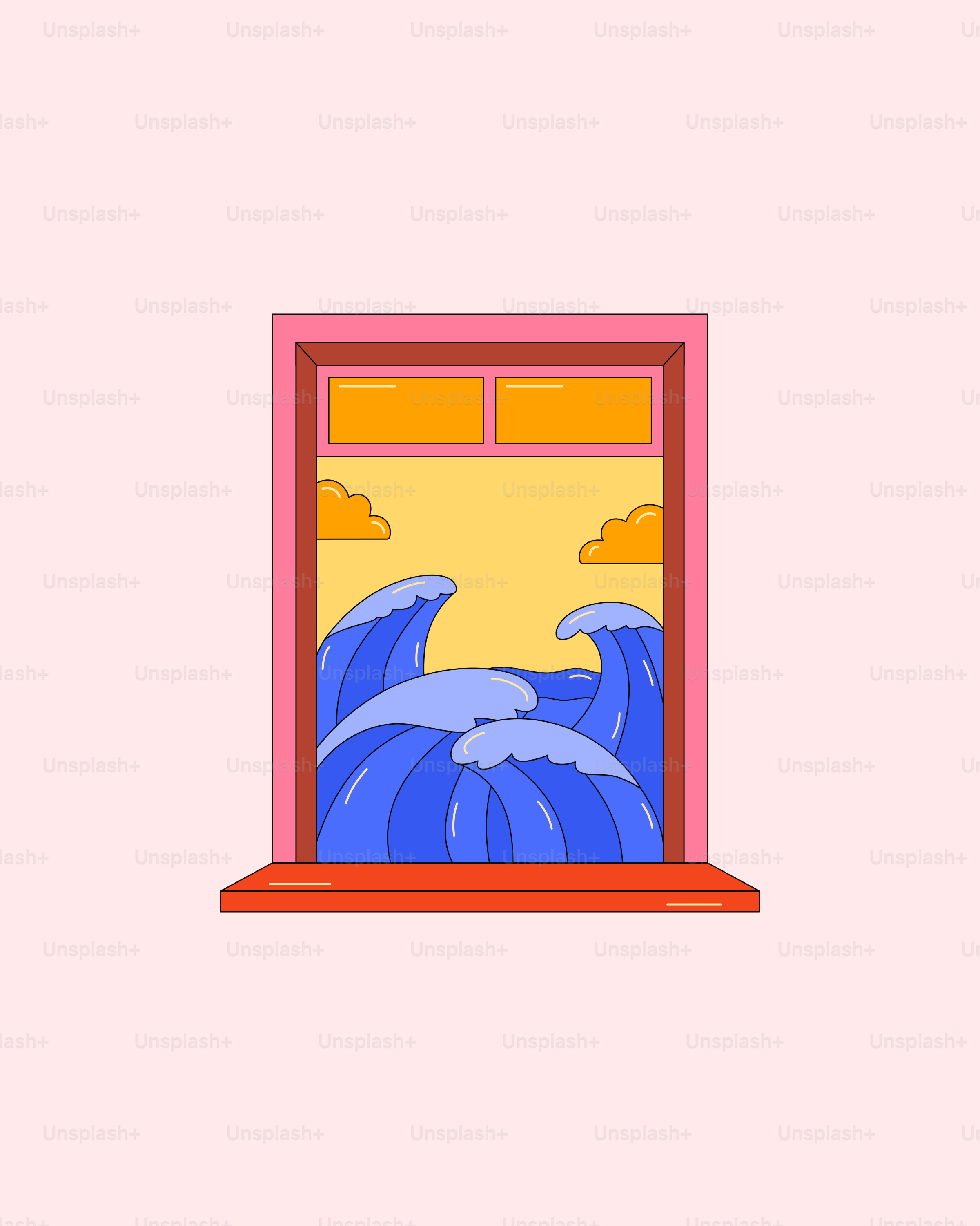 A picture of a window with a wave coming out of it