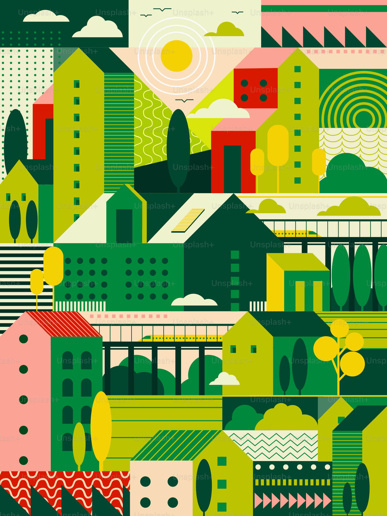 Eine bunte Stadt mit vielen Bäumen und Gebäuden