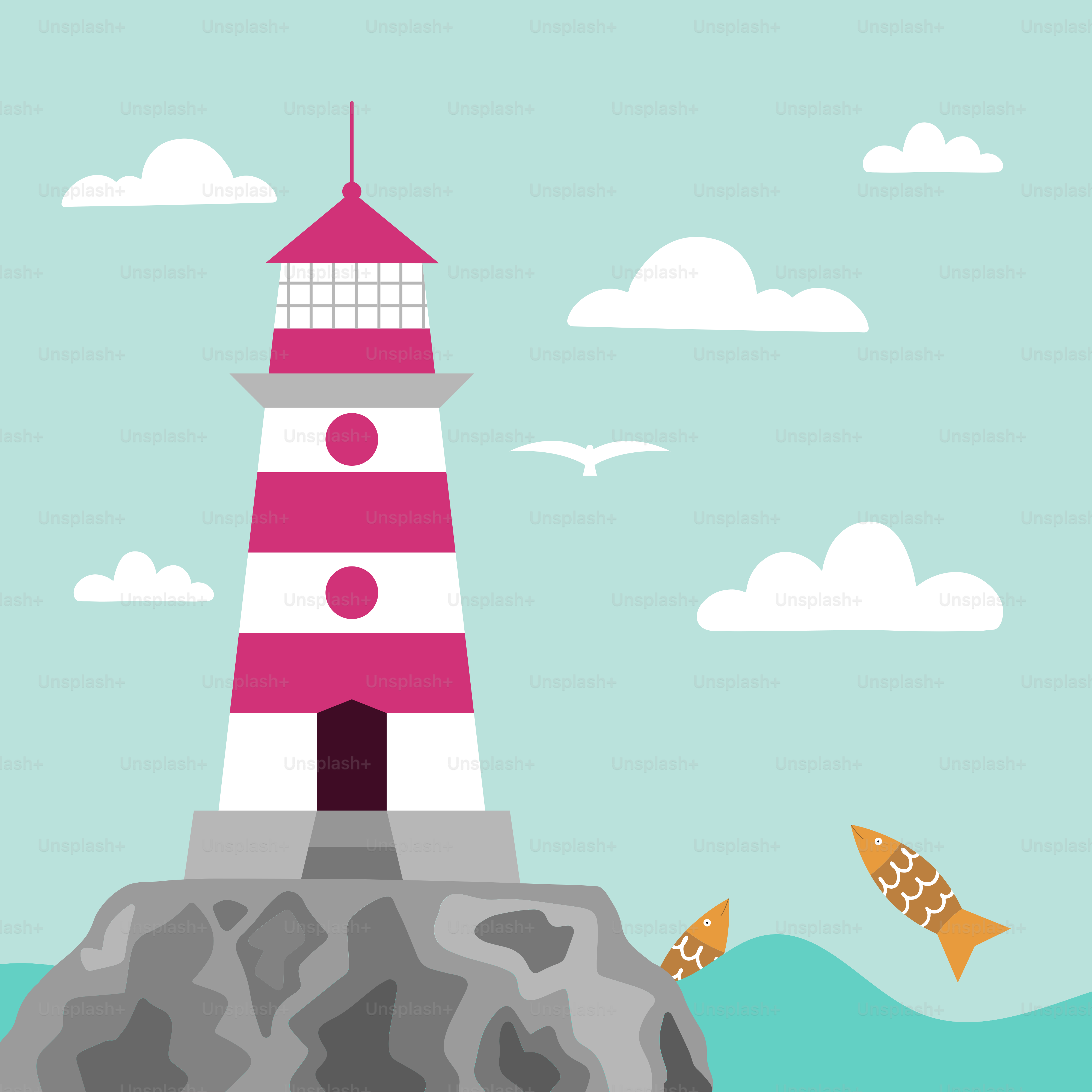 A red and white lighthouse sitting on top of a rock