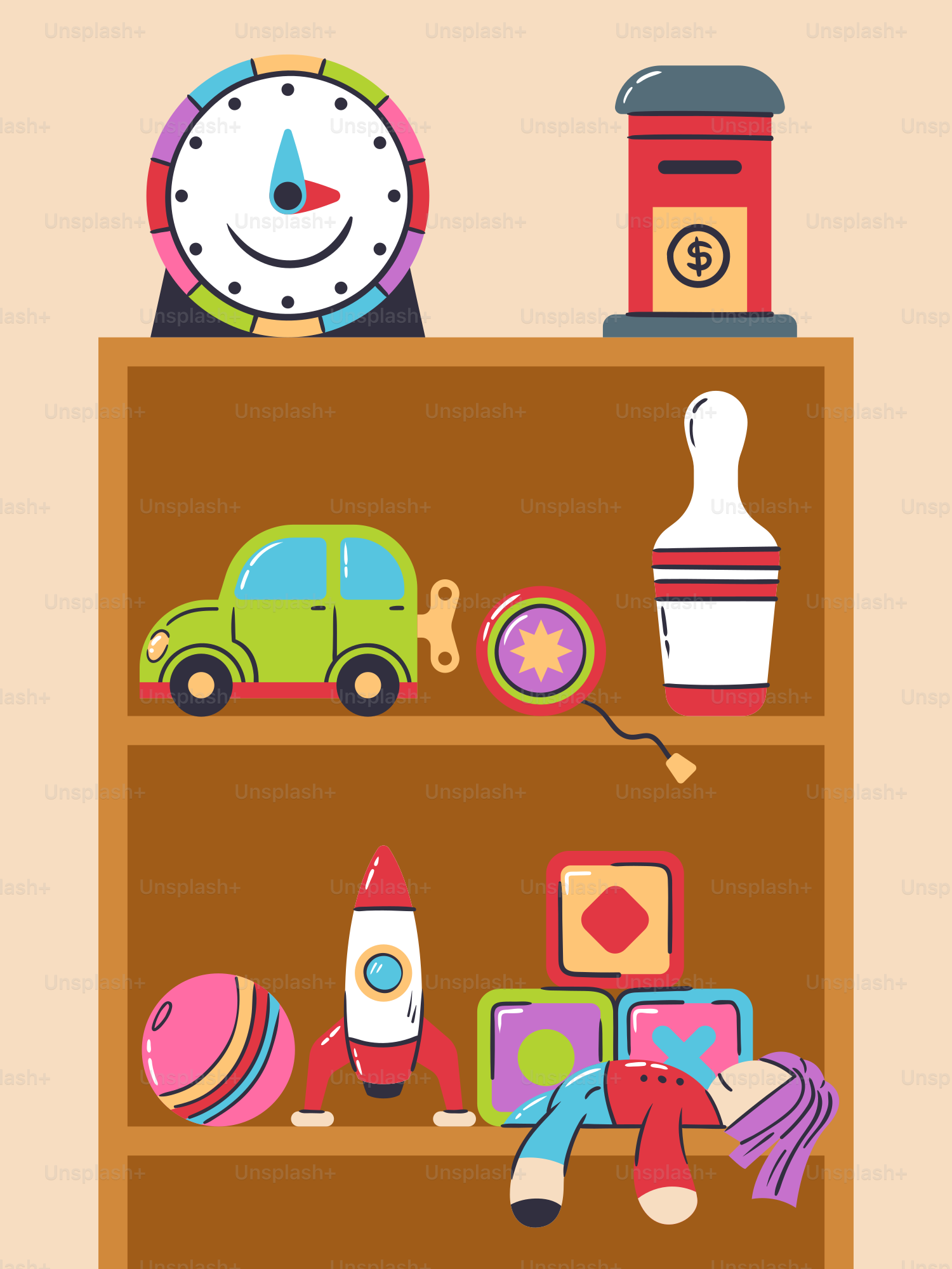 A shelf with toys and a clock on top of it