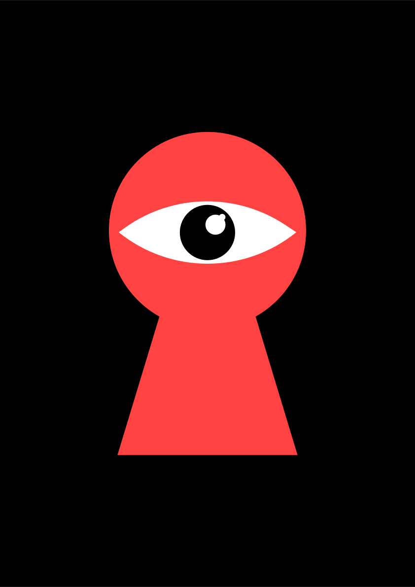 A red keyhole with an eye on it