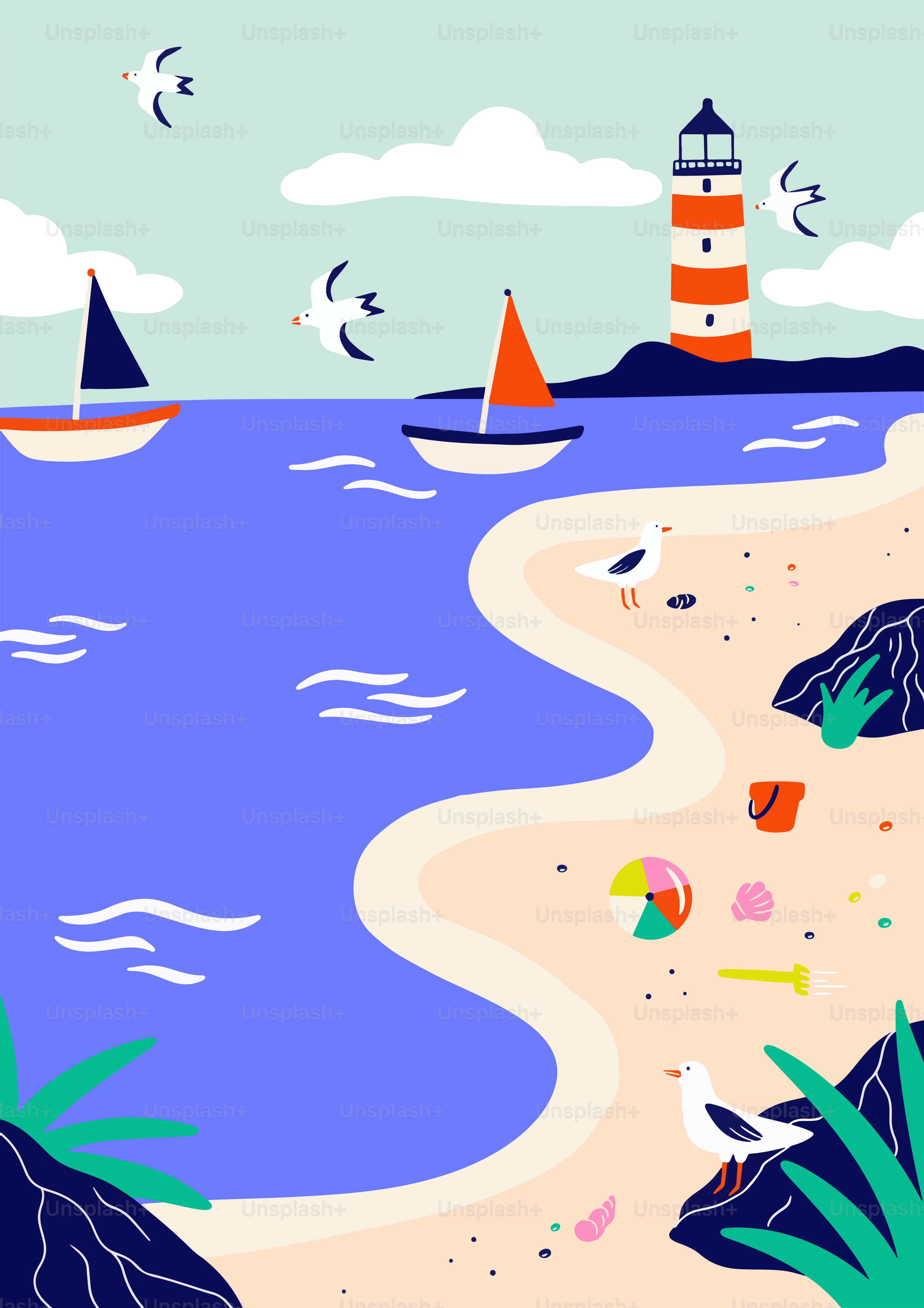 A painting of a beach with boats and a lighthouse