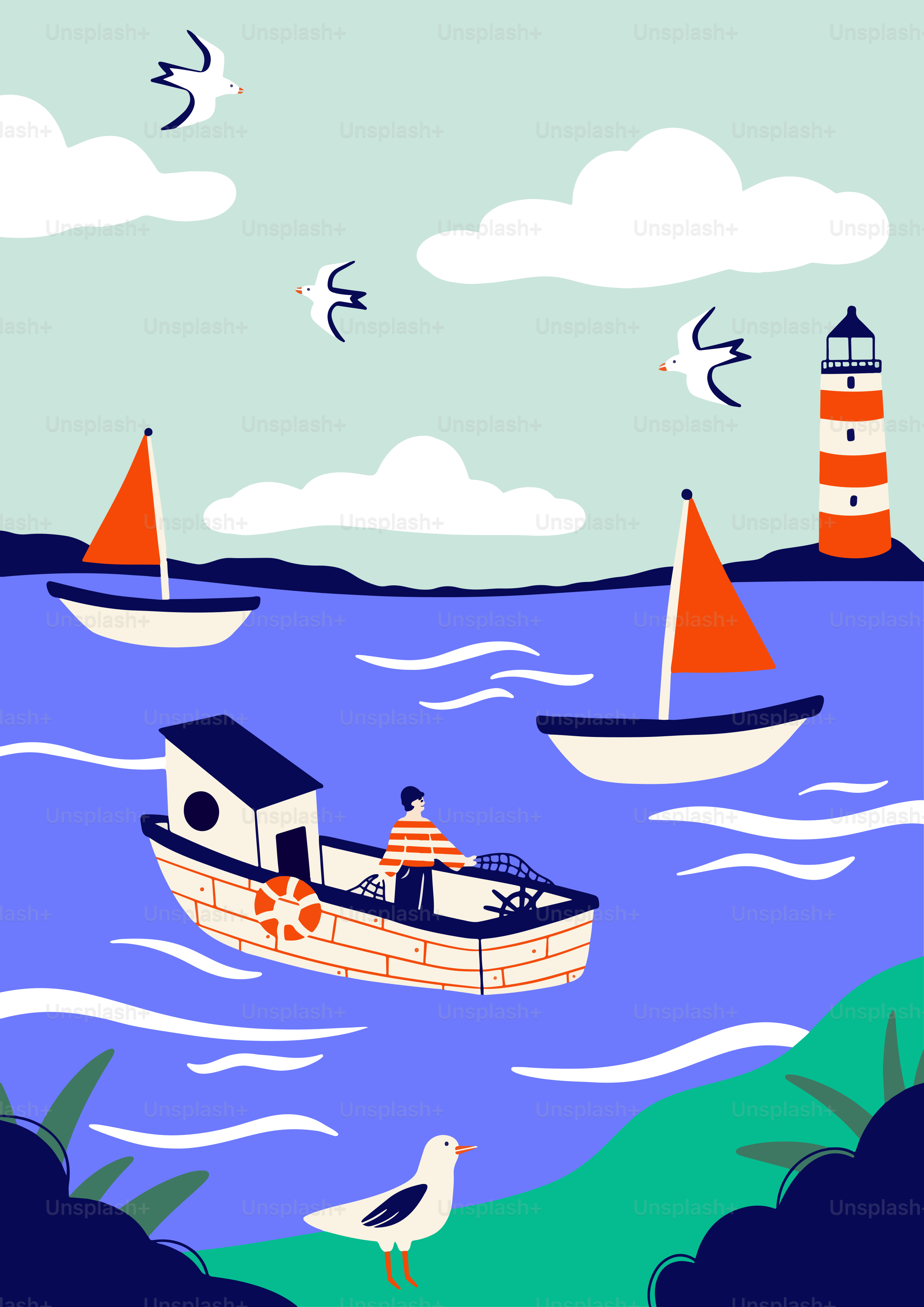 A boat floating on top of a body of water next to a lighthouse