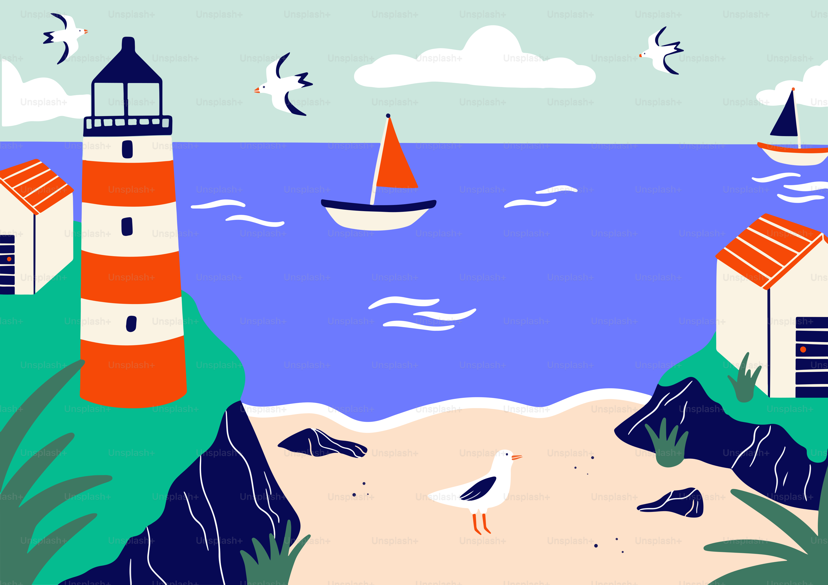 A painting of a lighthouse on a beach