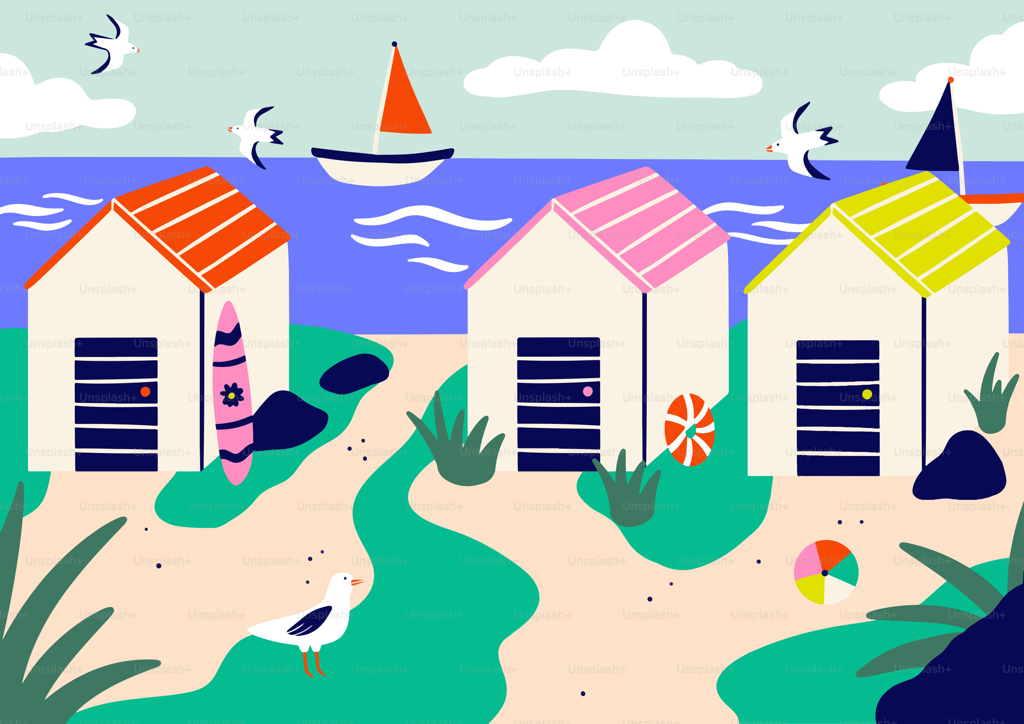 A painting of a beach with houses and birds