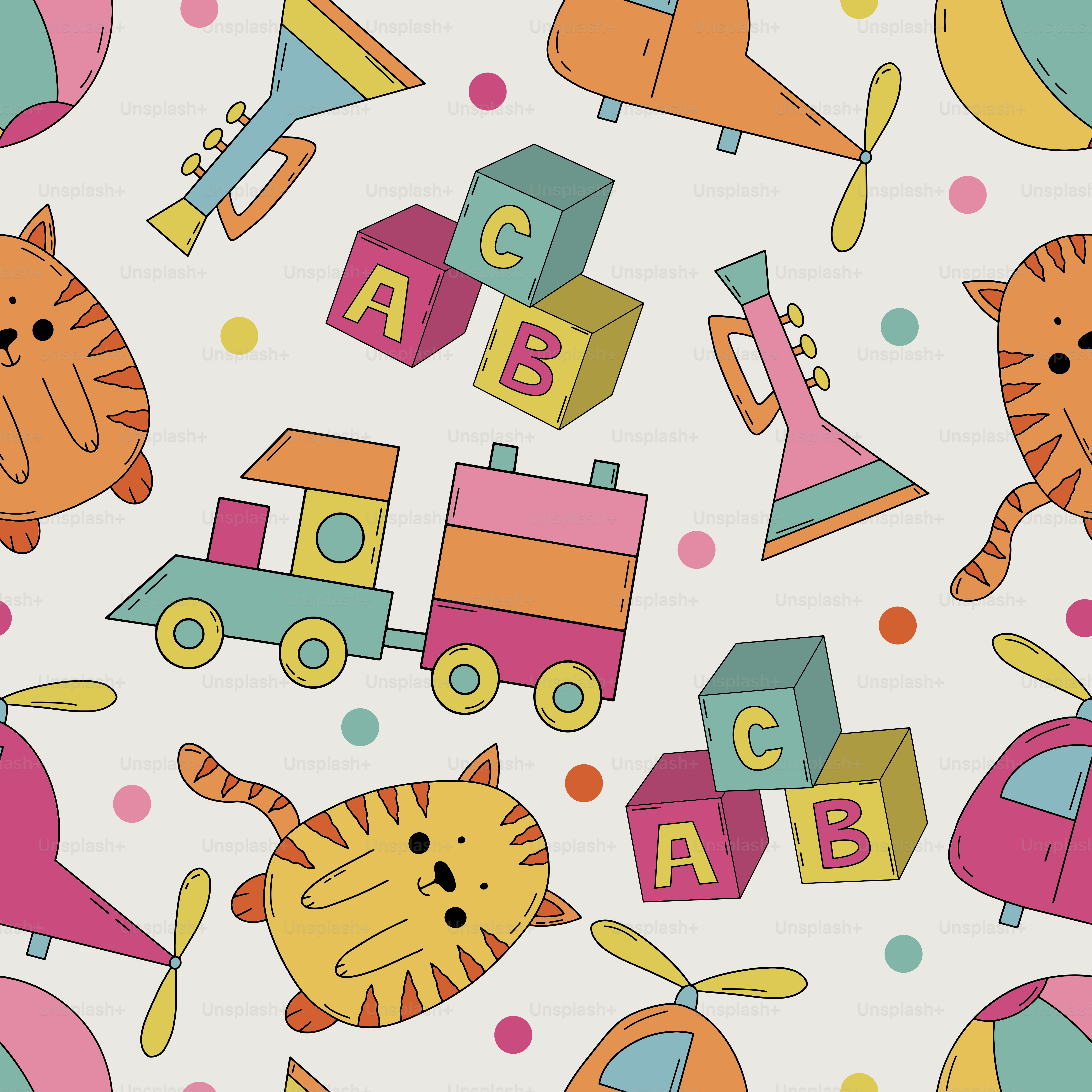 A pattern with a cat and a train on a white background