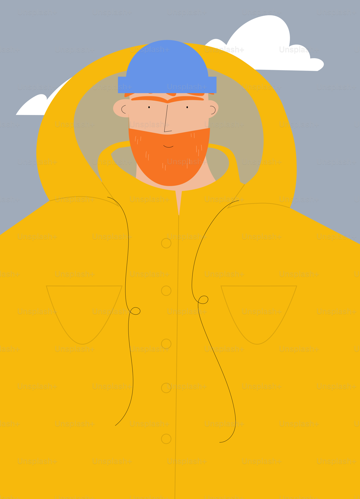 A man in a yellow raincoat with a blue hat