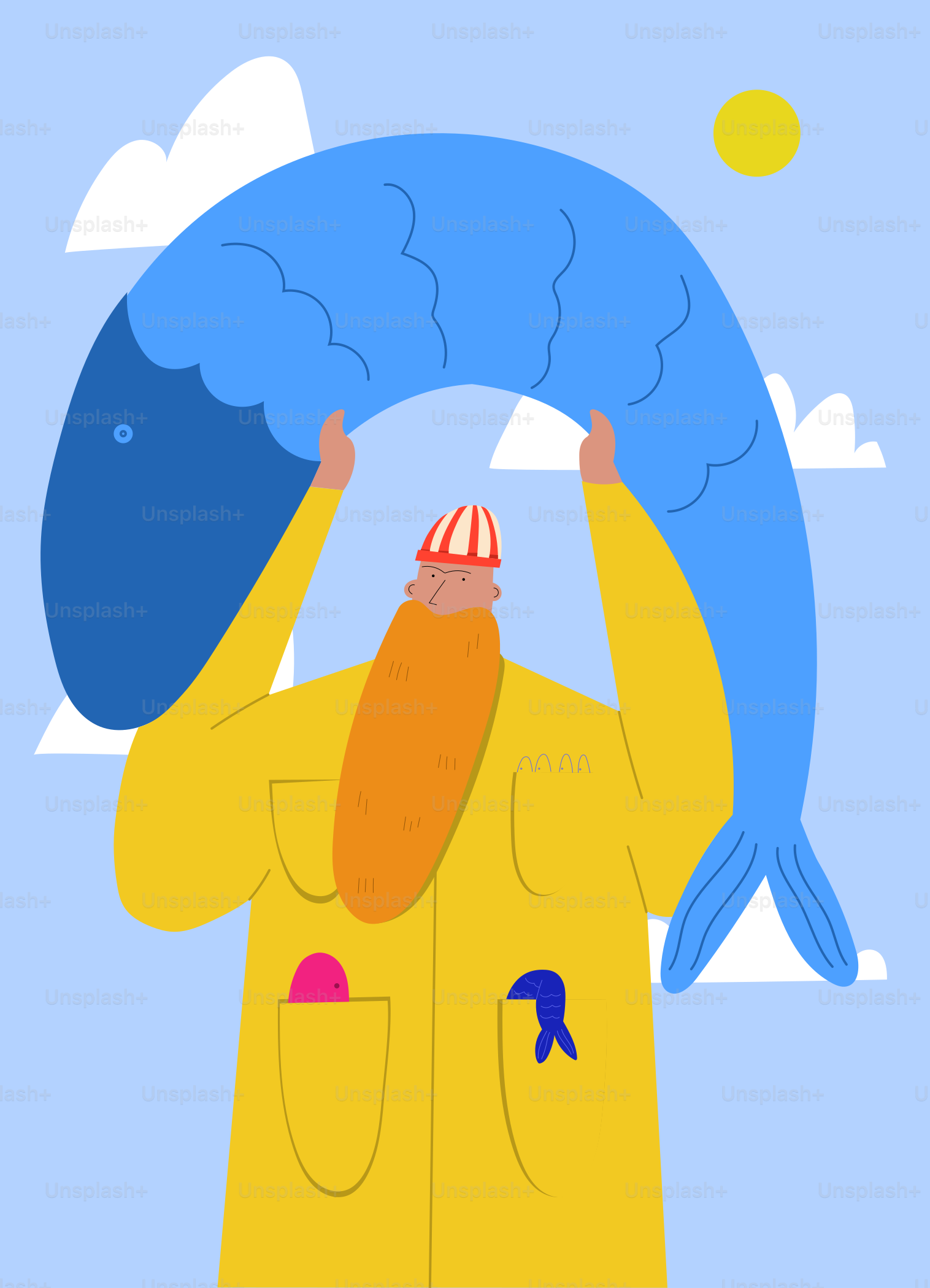 A man in a yellow raincoat holding a fish over his head