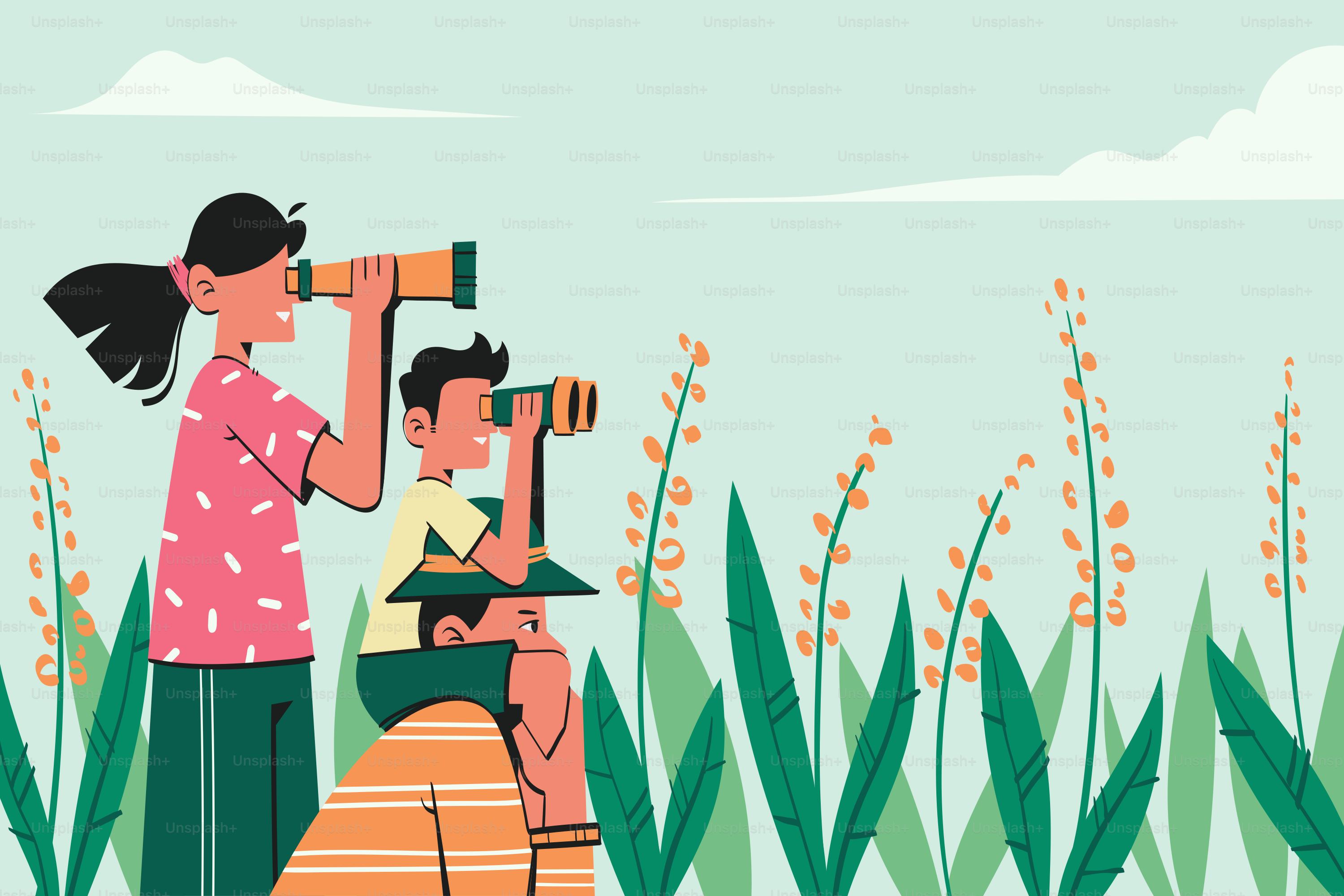 A woman looking through a pair of binoculars at a child