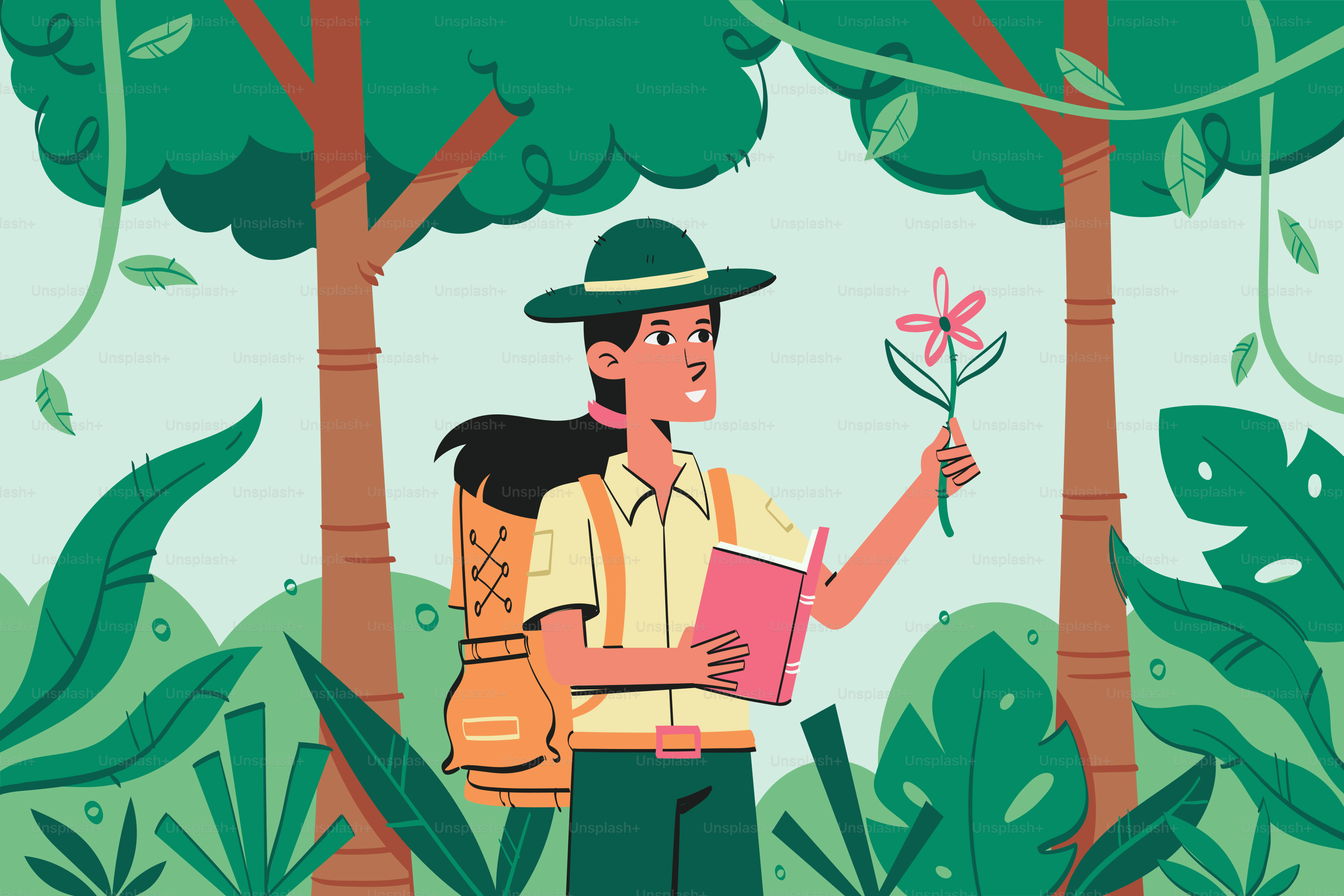 A man in a hat holding a flower in a forest