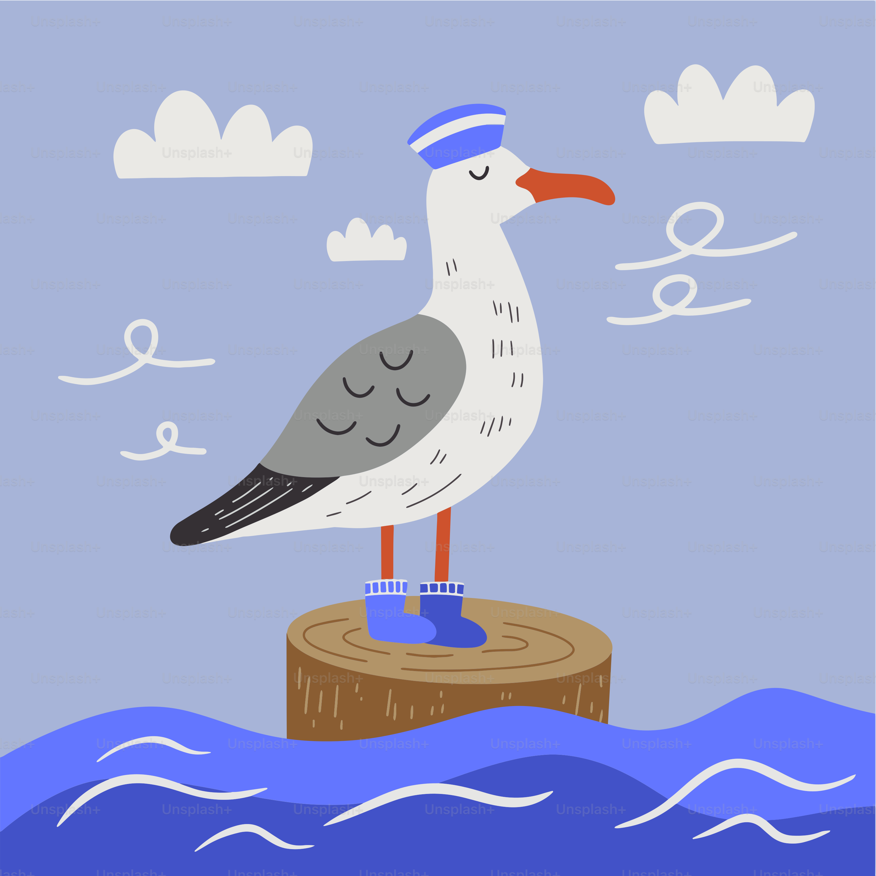 A seagull is standing on a post in the water