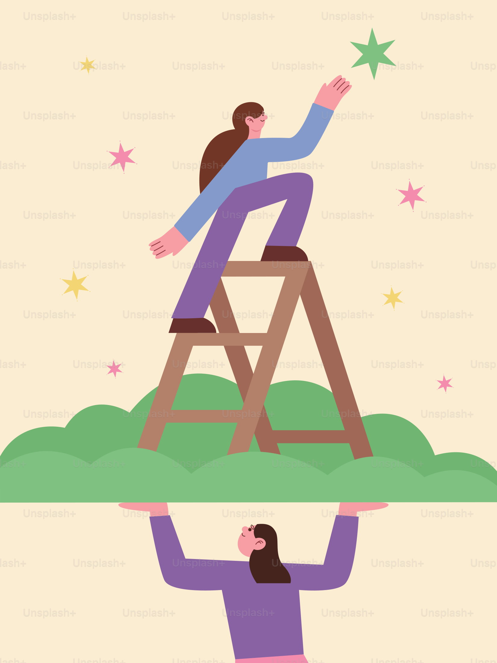Two people climbing a ladder to reach the stars