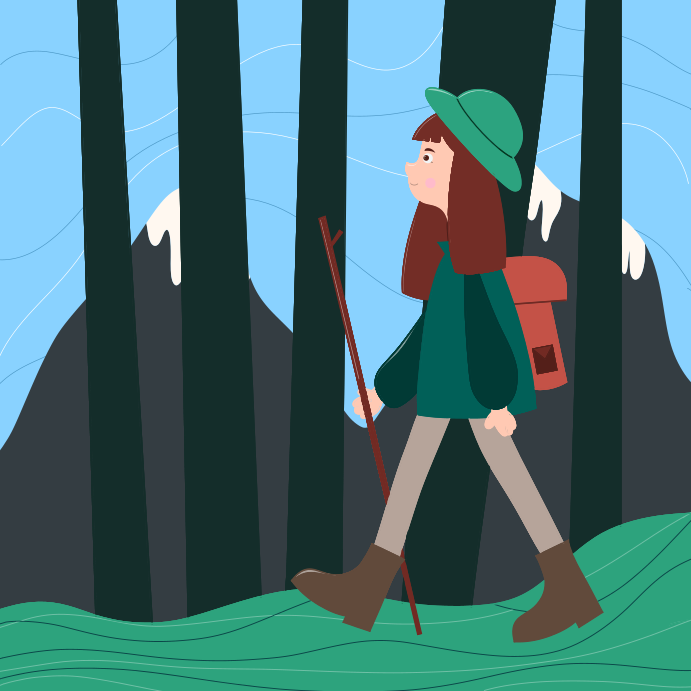 Uma mulher andando por uma floresta com uma mochila