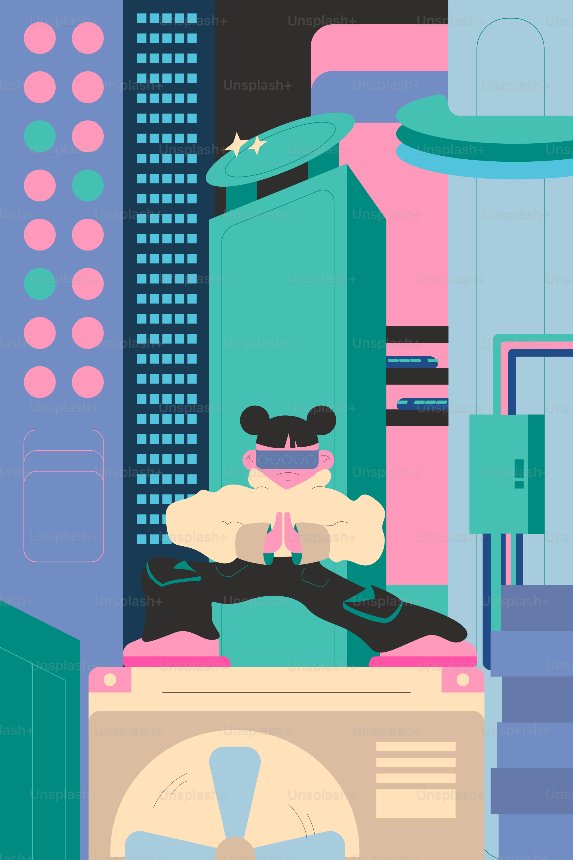 A person sitting on top of a box in the middle of a city