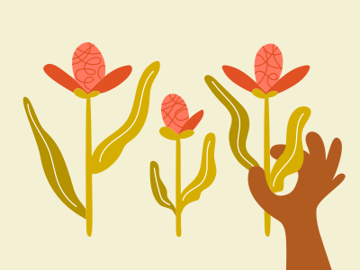 A hand reaching for a flower on a yellow background