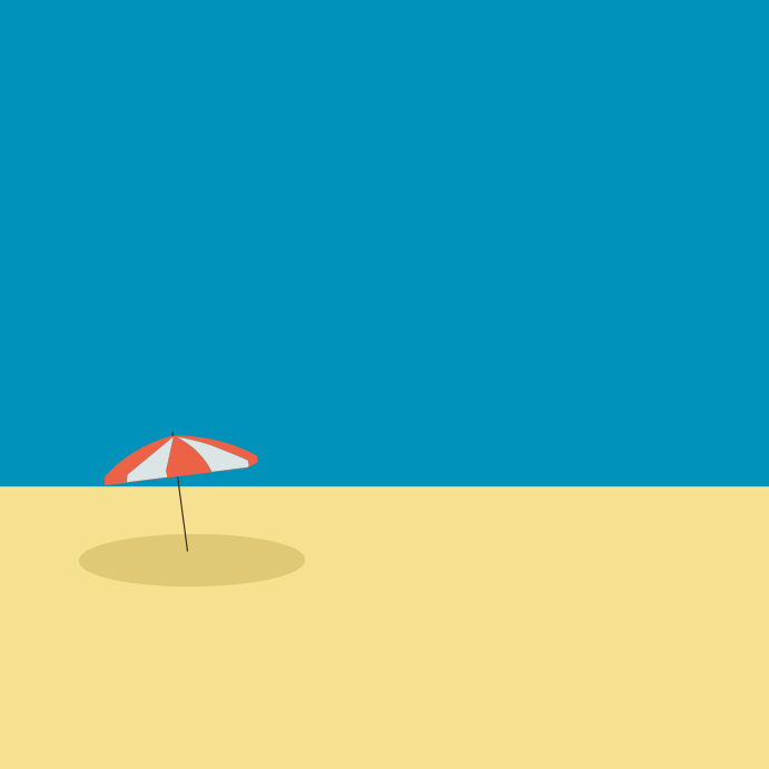 Une scène de plage avec un parasol rouge et blanc