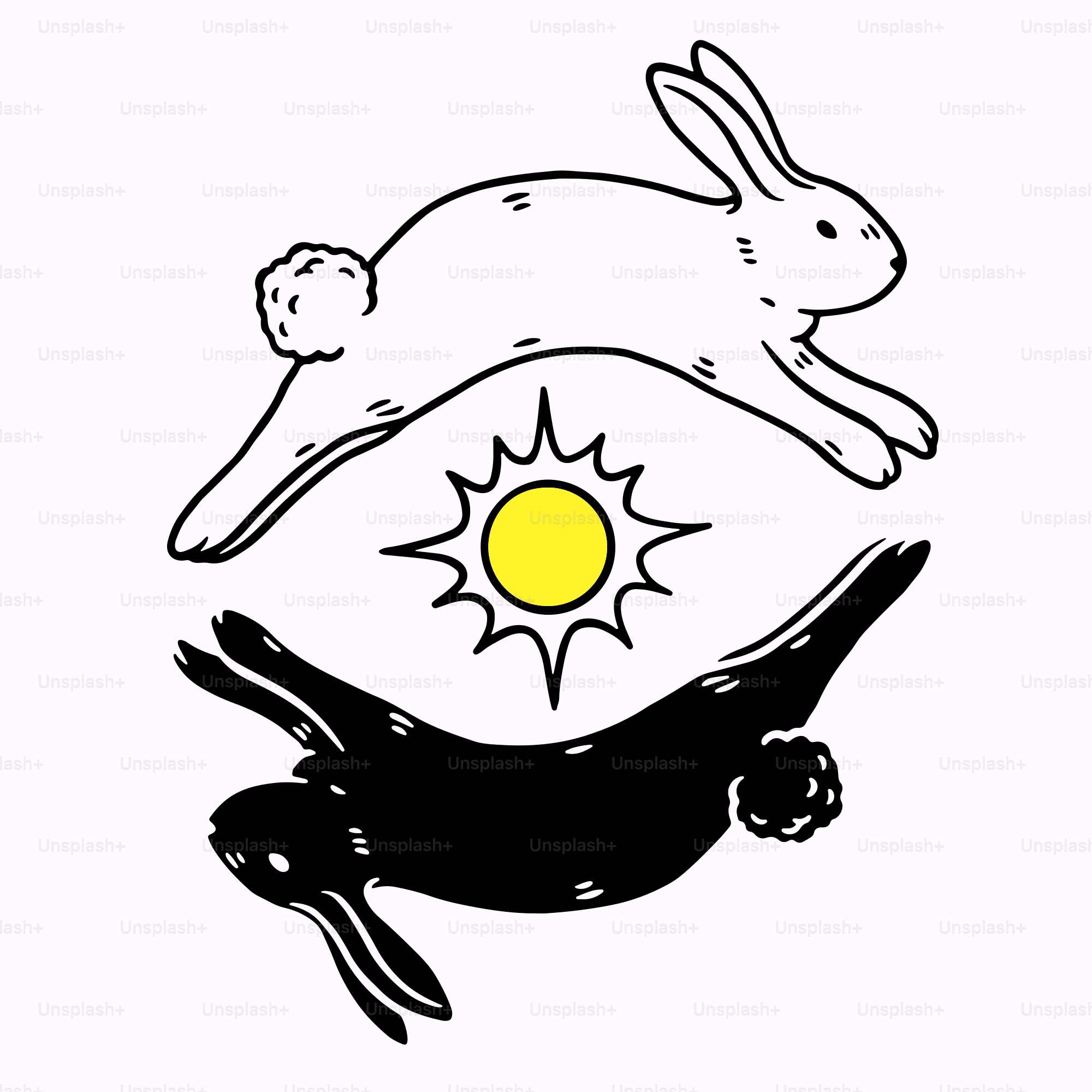 Un dibujo en blanco y negro de un conejo y un sol
