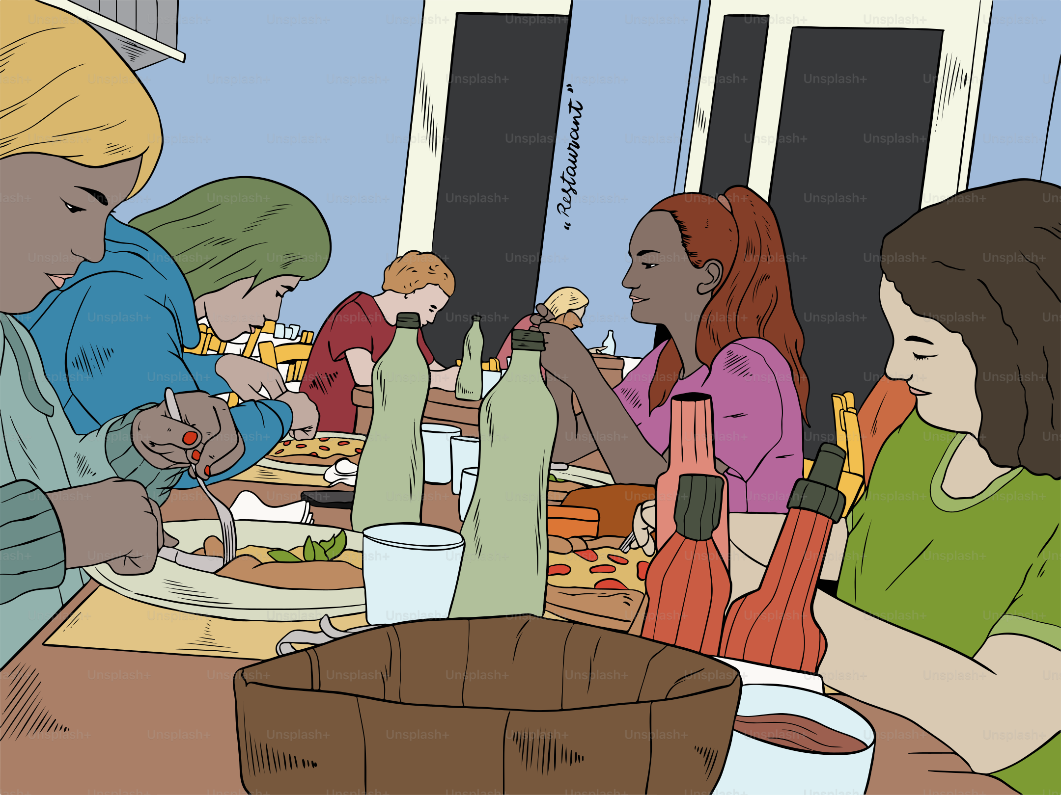 A group of people sitting around a table eating food