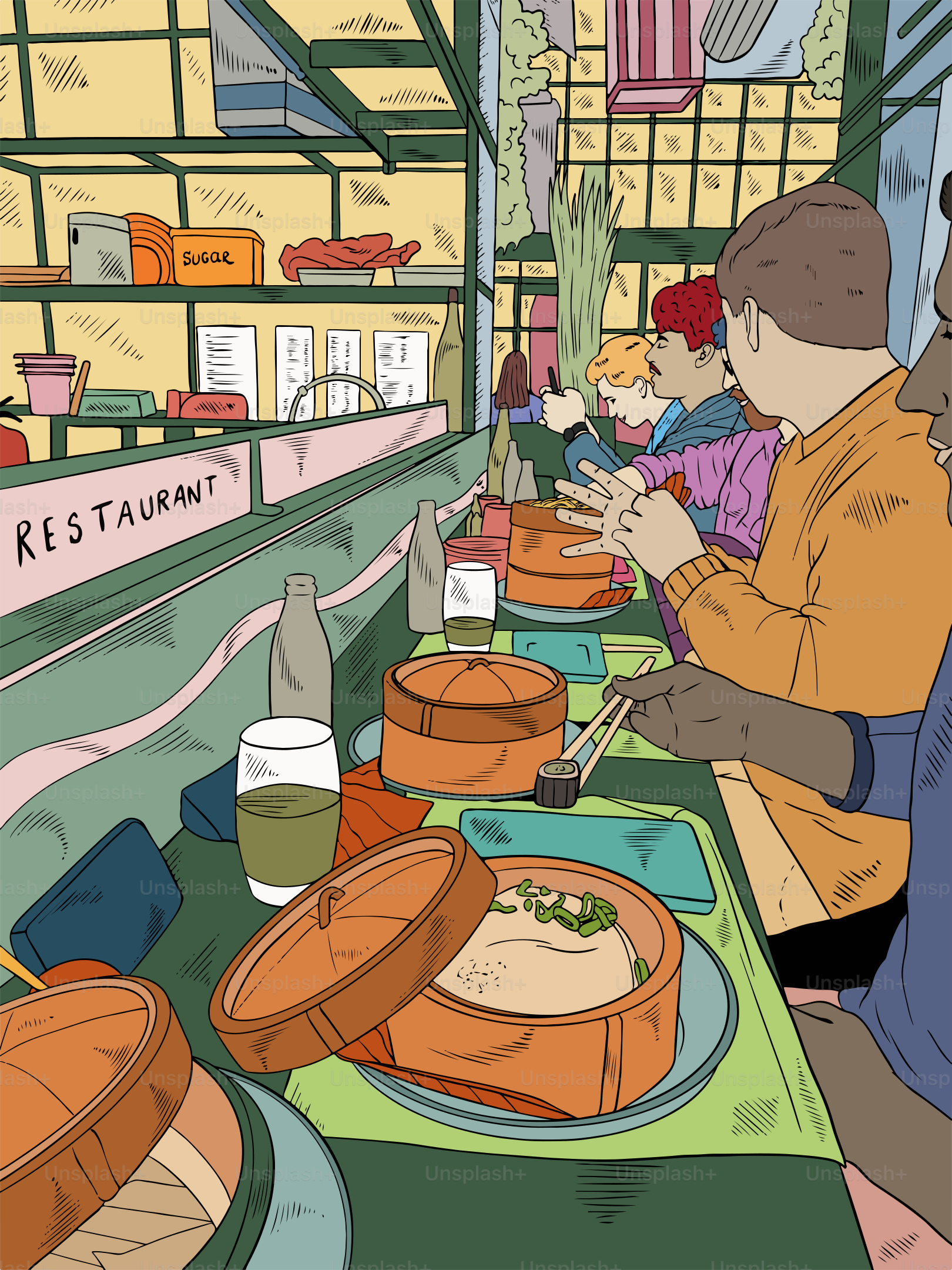 A group of people standing around a table filled with food