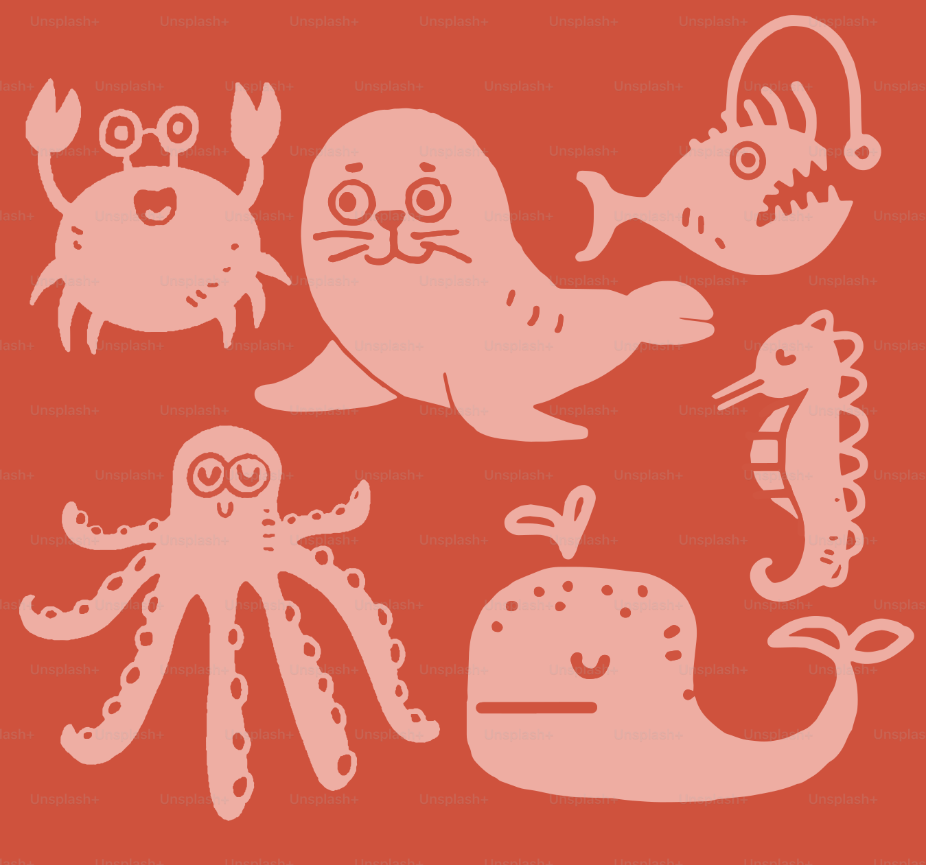 Eine Gruppe von Meerestieren auf rotem Hintergrund