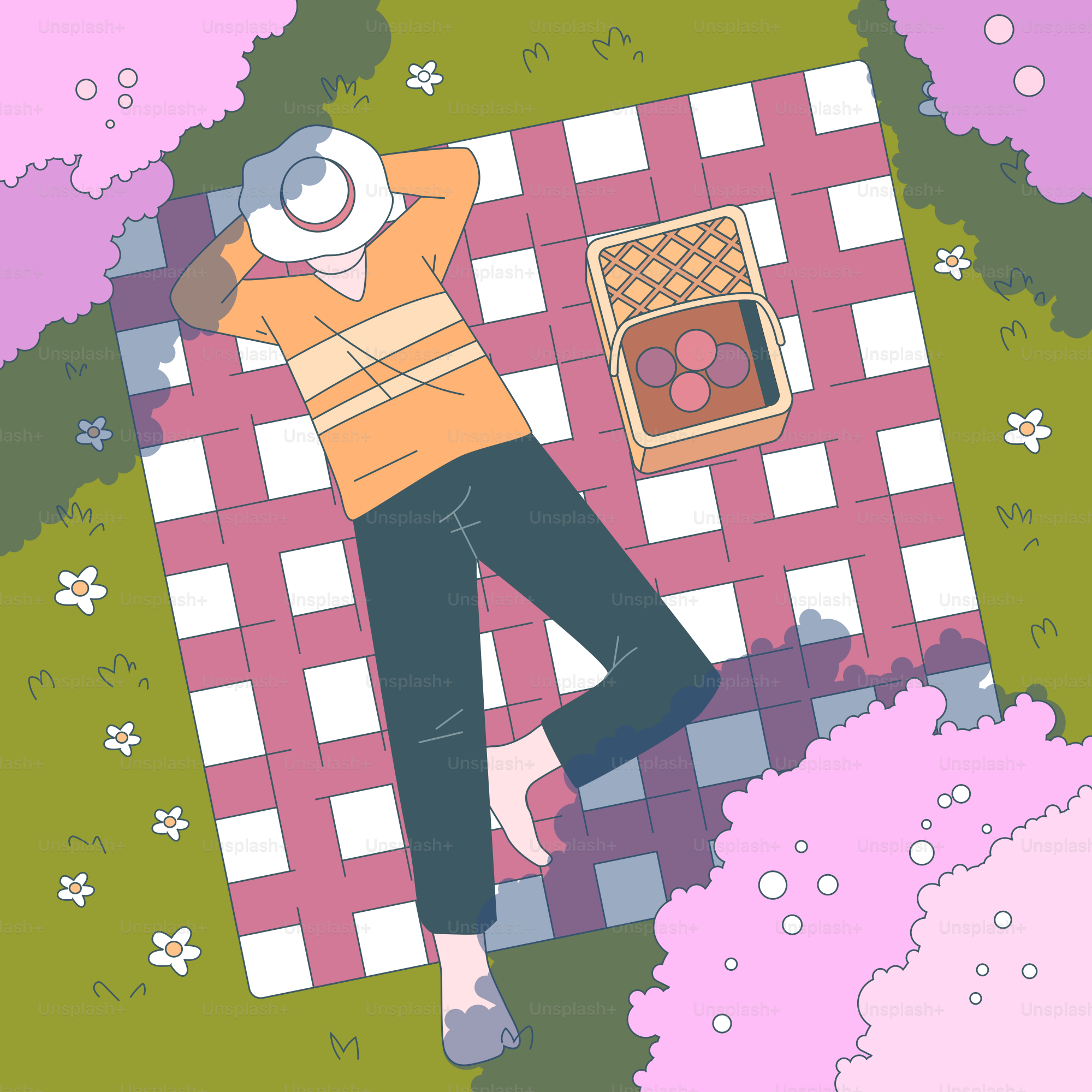 A person laying on a pink and white checkered blanket