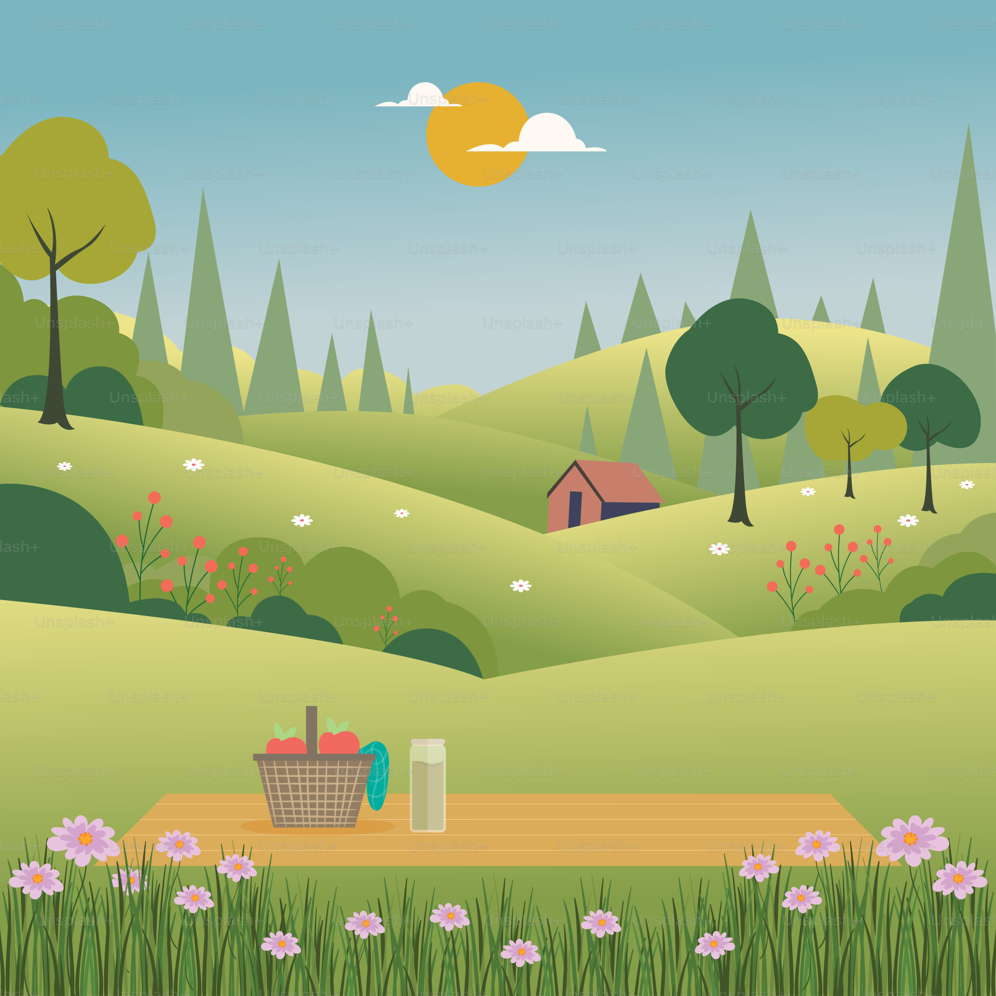 Une peinture d’une table de pique-dans un champ